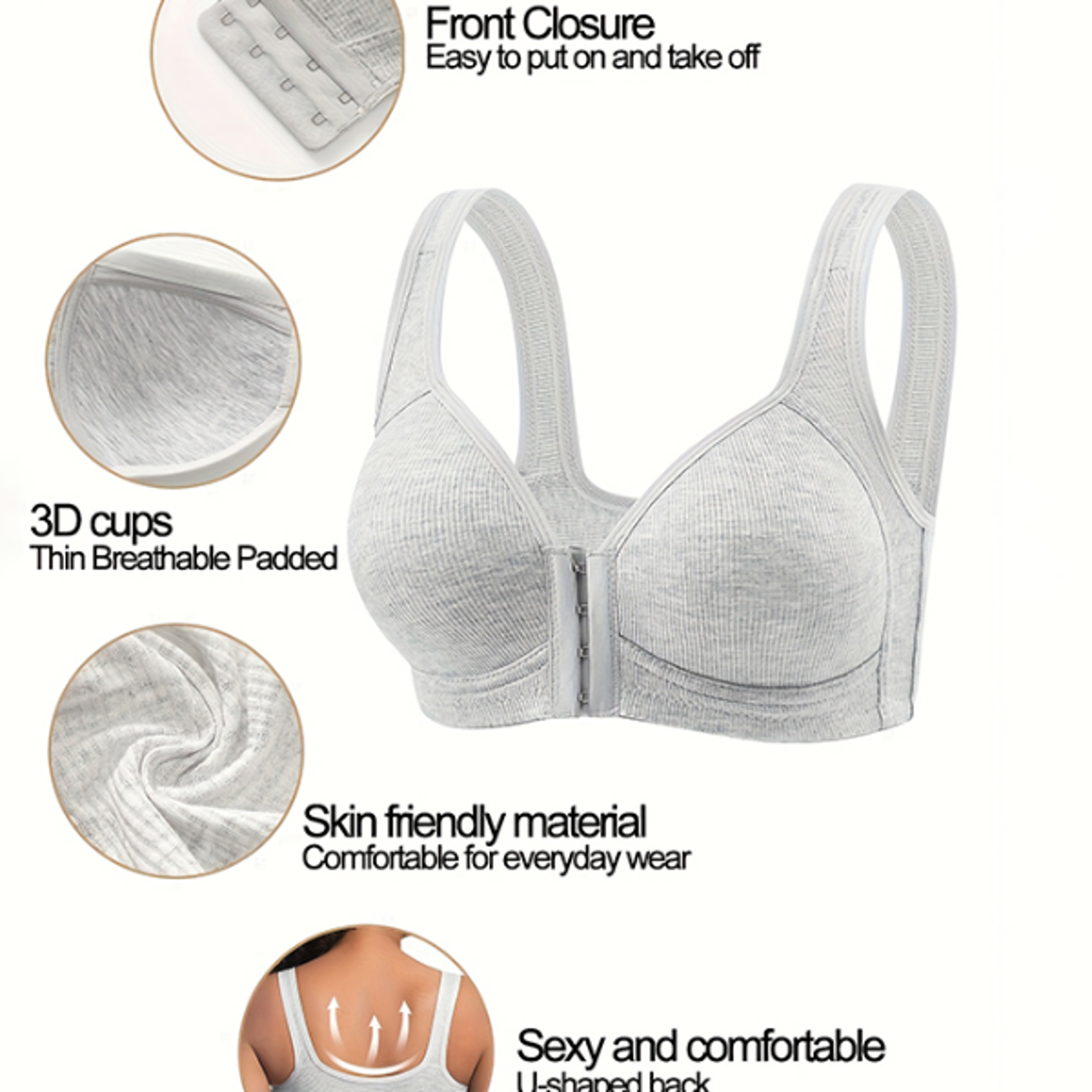 Fallsweet Seamless Front Closure Bra For Women Solid WireFree Push Up Bralette Full Coverage Fixed