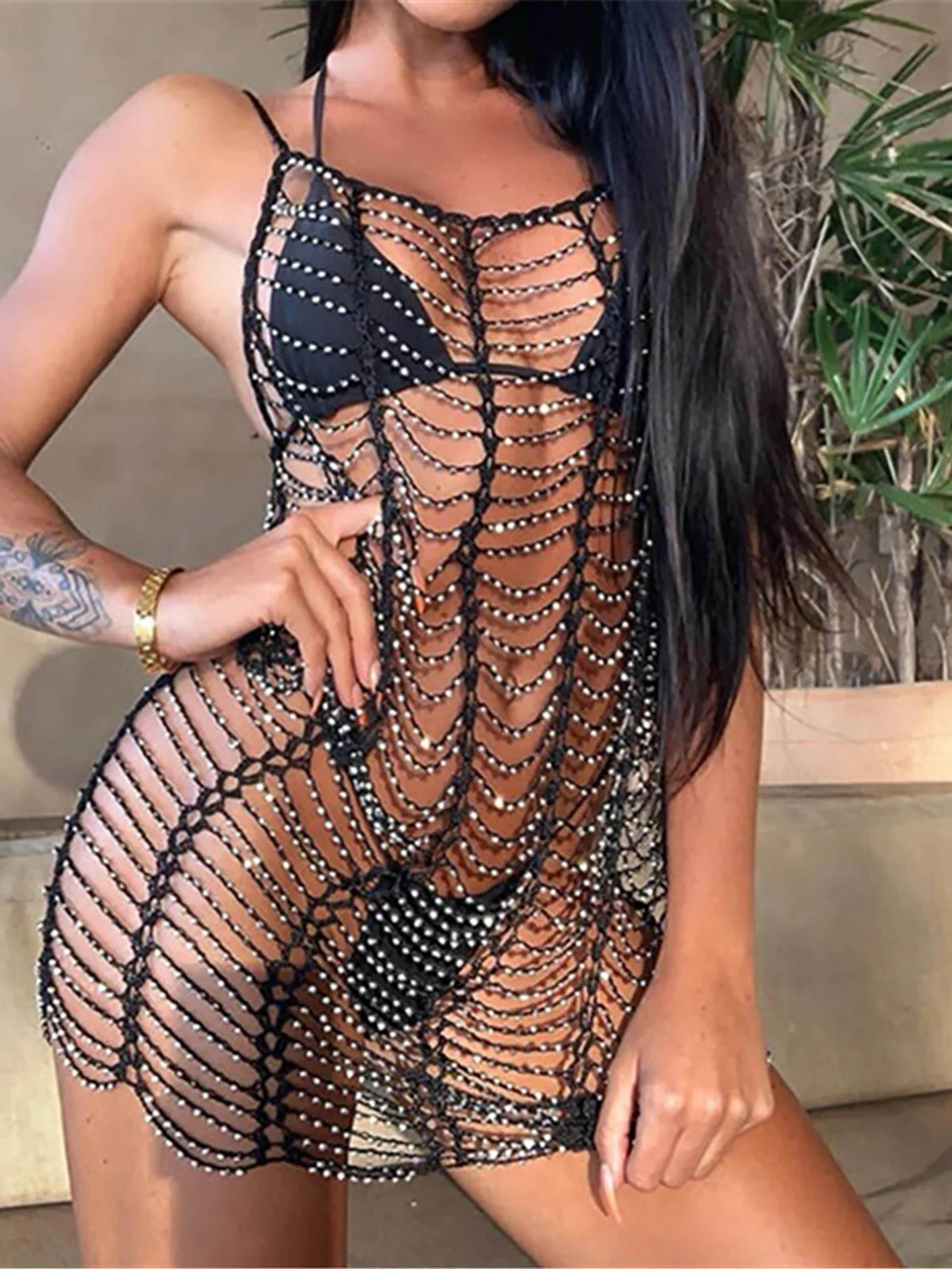 Diamond Rhinestones Hollow Out Tunic Luxury Beach Dress Coverups Beach Wear Female Summer Outfit 6