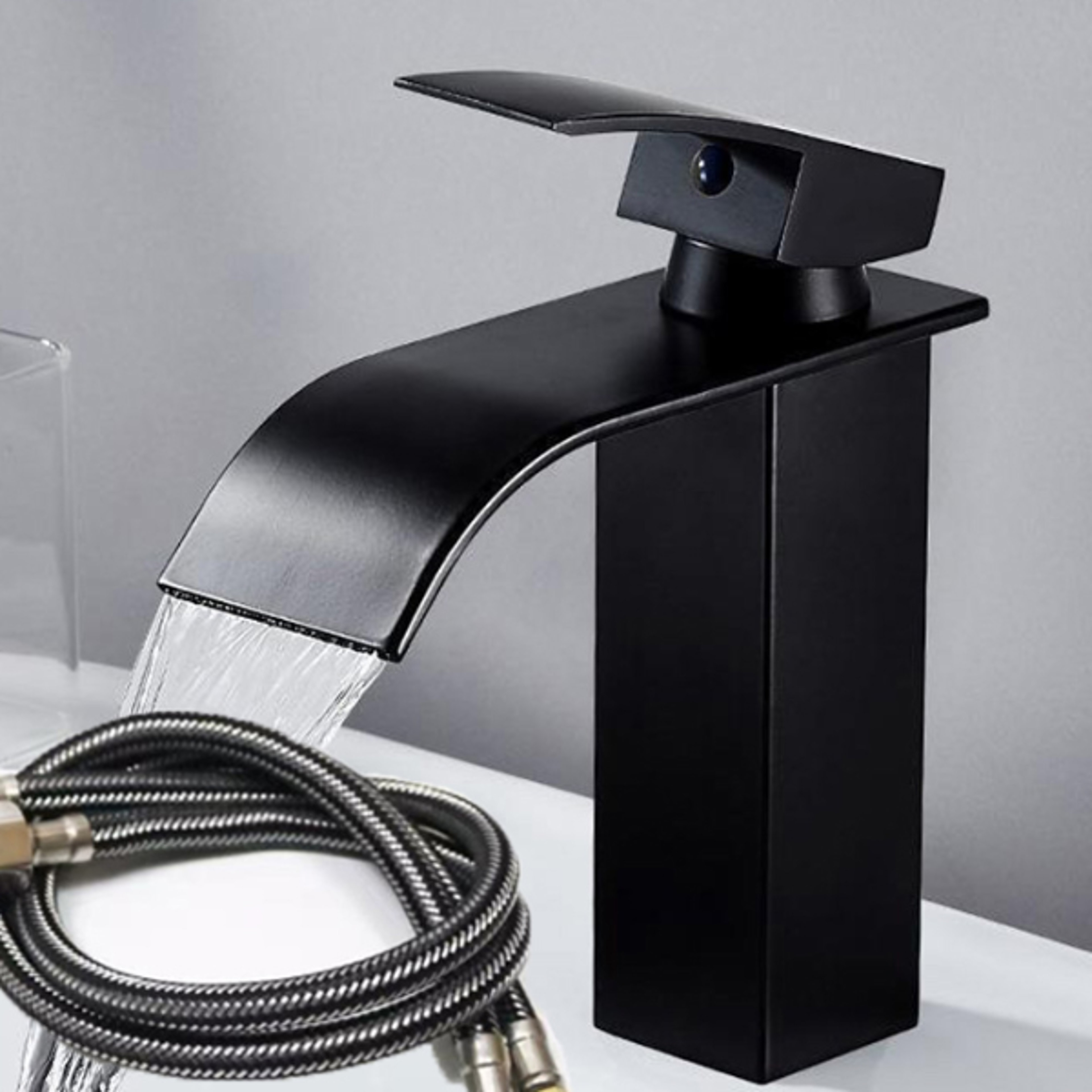 black waterfall wash basin faucet, stainless steel toilet bathroom faucet, cold and water