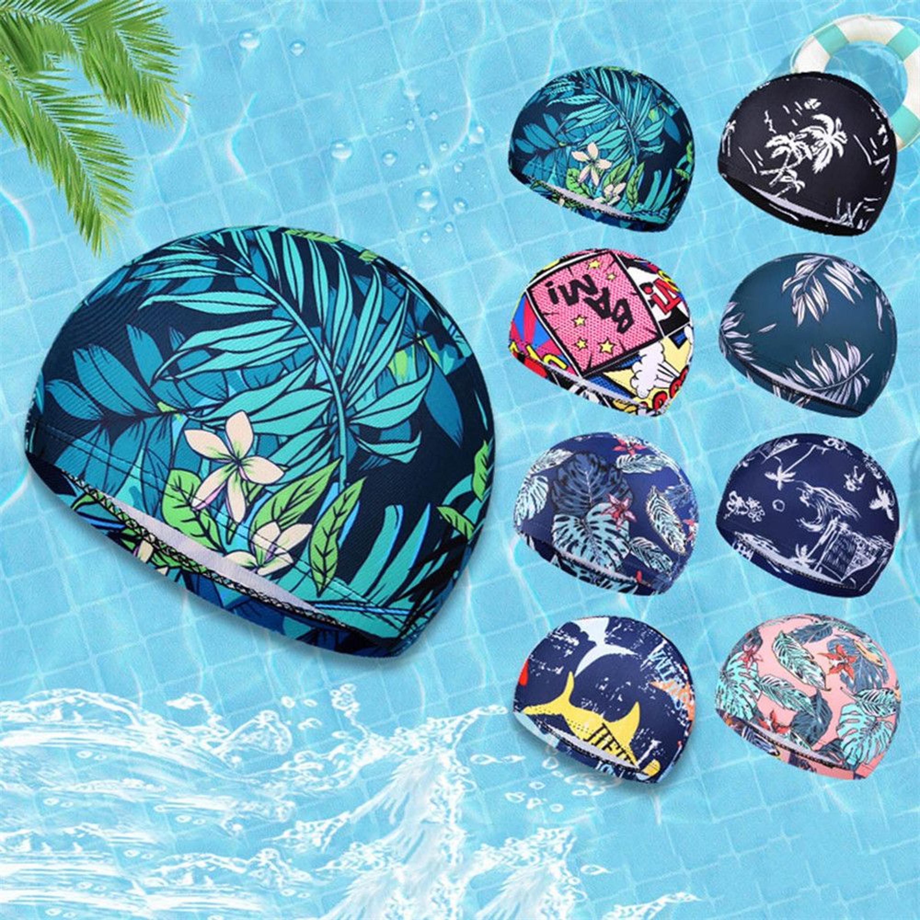 Elastic Nylon Turban Swimming Cap Flowers Printed Long Hair Cap Men Women Pool Bathing Hat Sports A 1