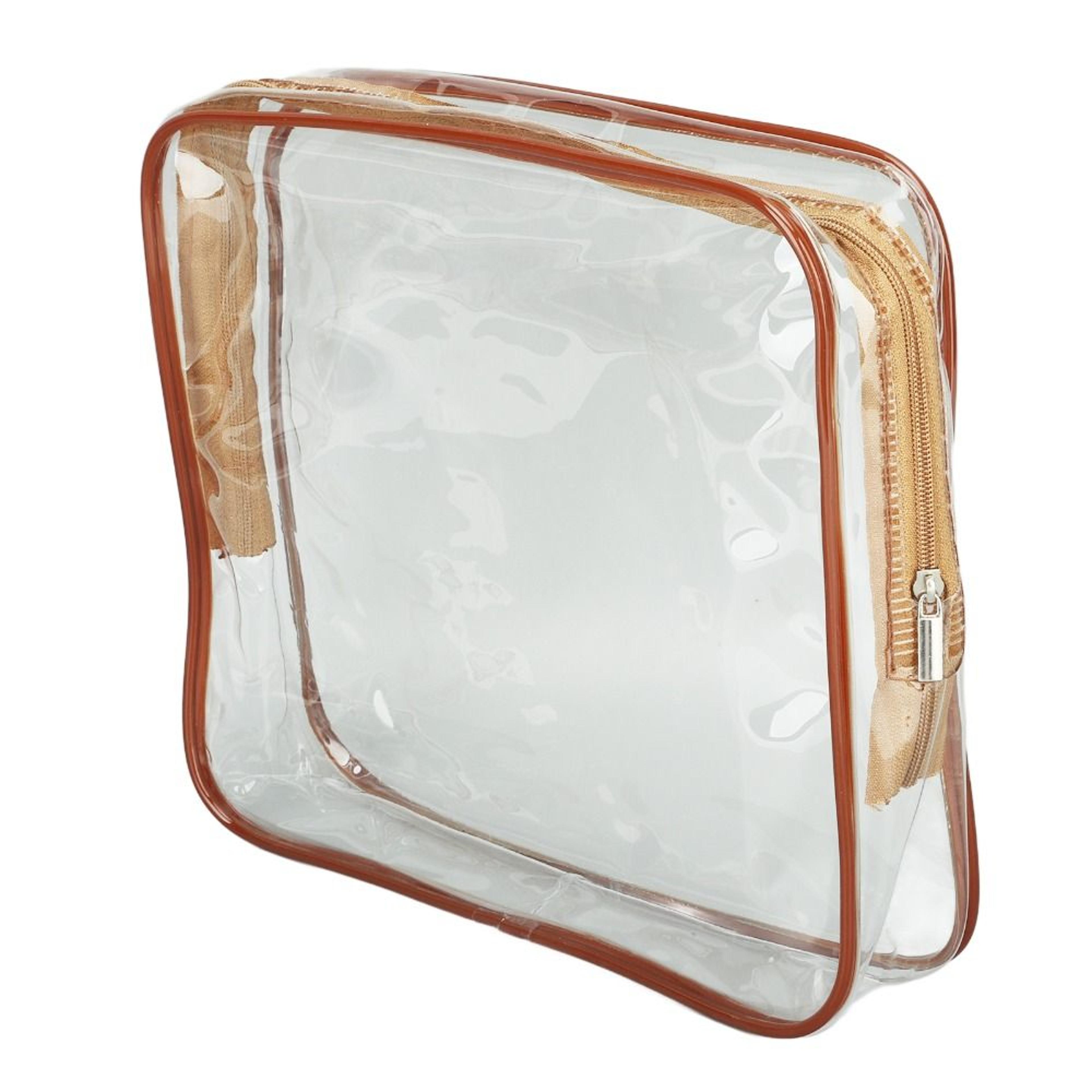 transparent clear travel bags with zipper closure, handle straps, cosmetic and makeup bags for travel use