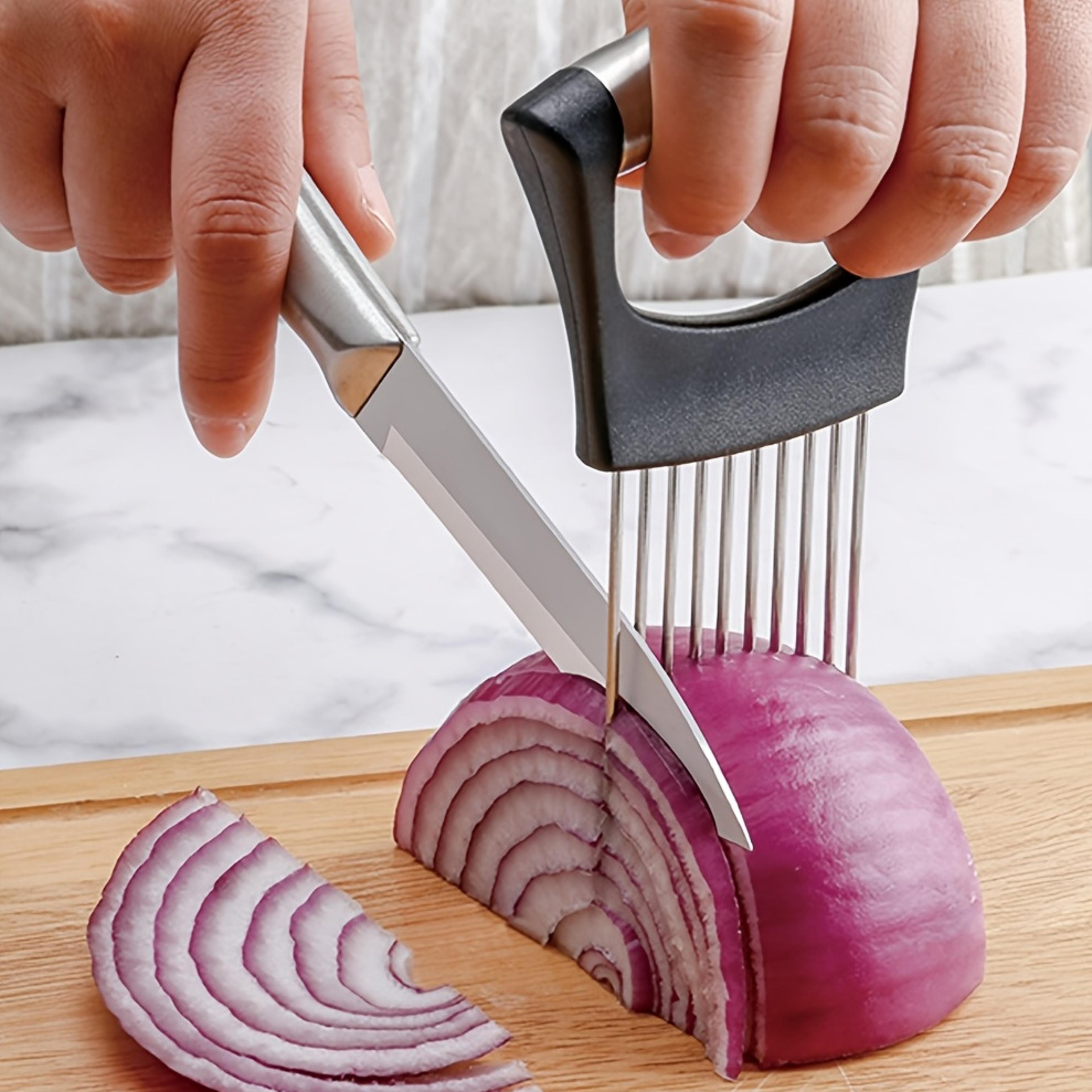 full grip stainless steel onion slicer holder, vegetable potato lemon cutting tool, multipurpose meat tenderizer