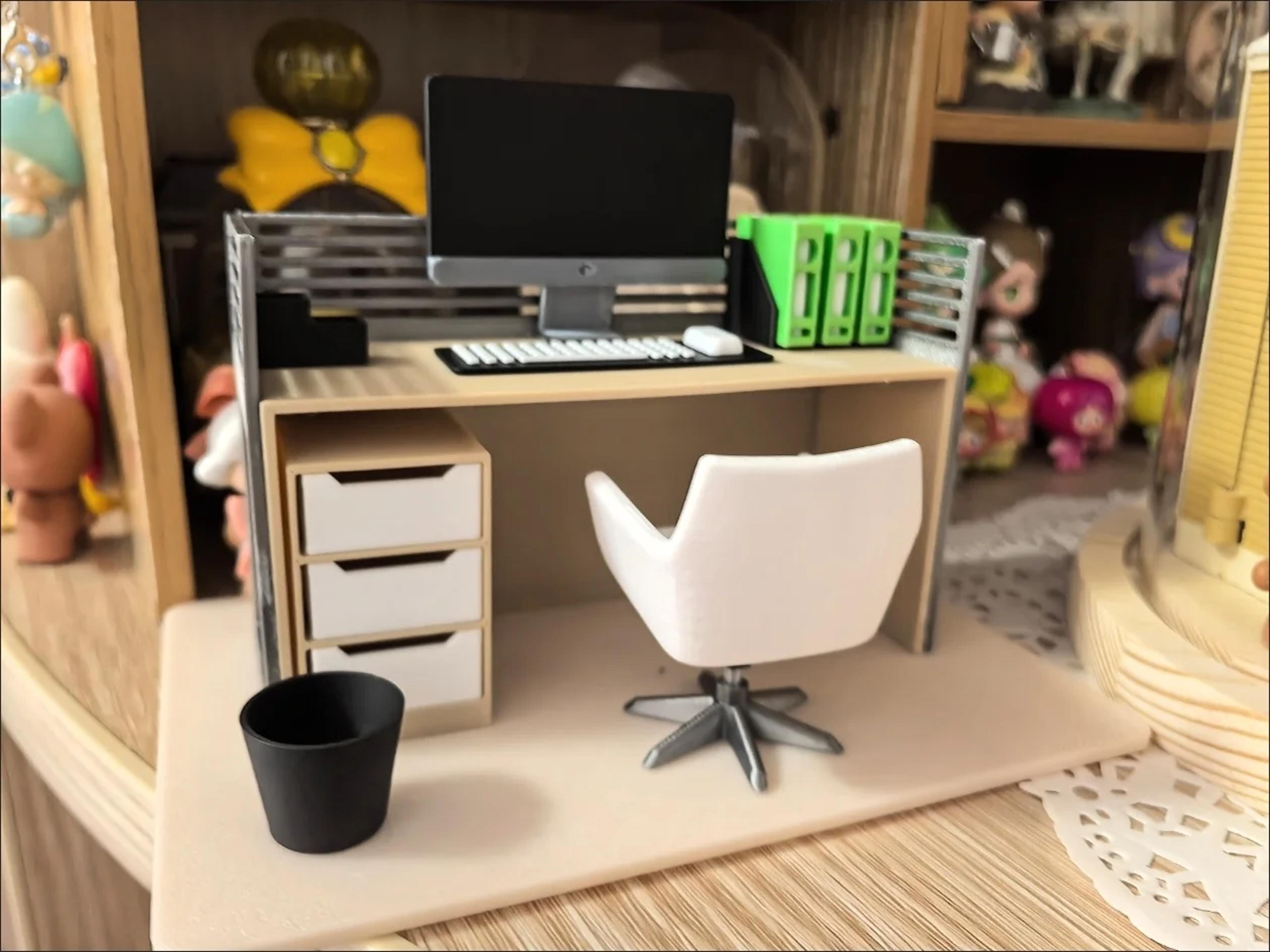 Filing Cabinet Computer Desk Chair Set Dollhouse Work Scene Model Miniature Office Home Decor 4