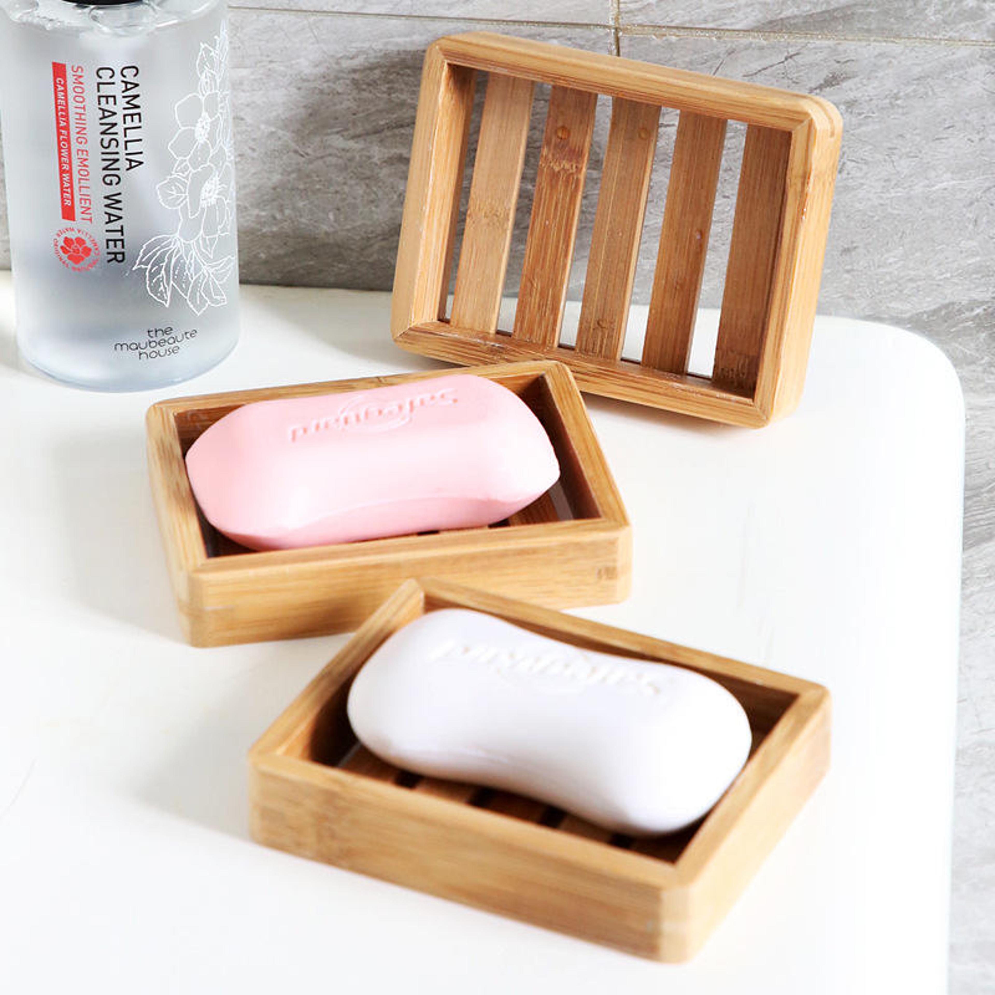 wooden soap dish with drainage, multi-functional bamboo soap holder for bathroom, sink, shower countertop