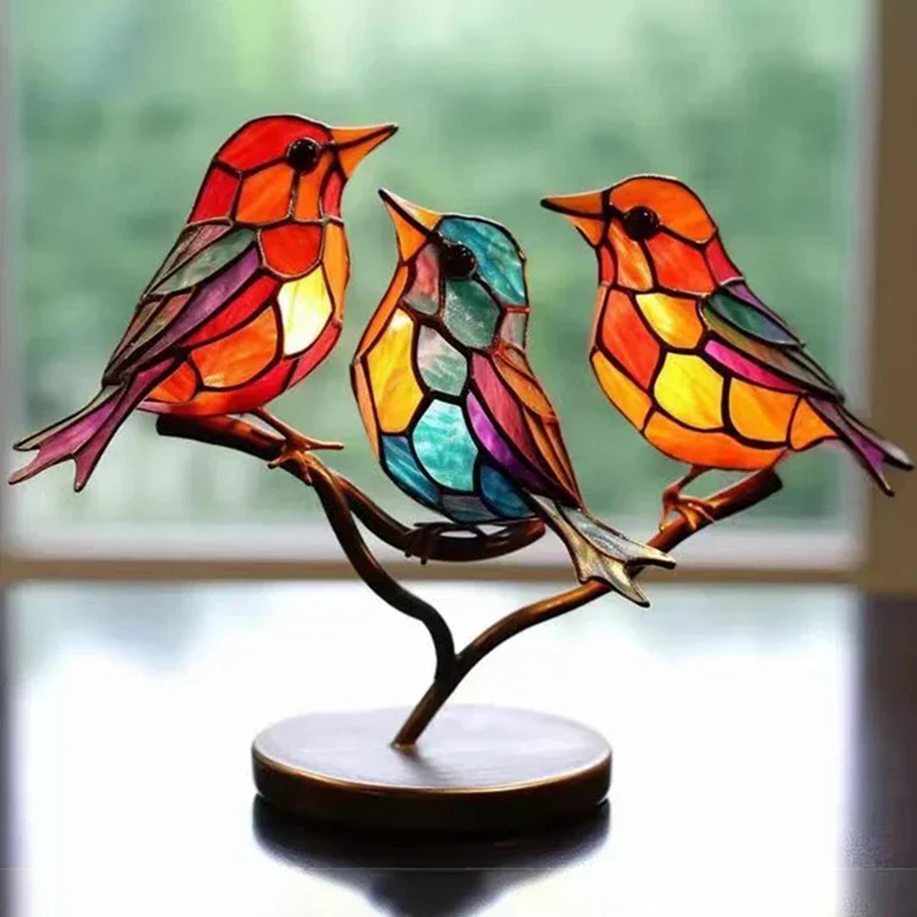 Multicolor Craft Statue Ornaments Desktop Stained Acrylic Birds Branch Decoration 0