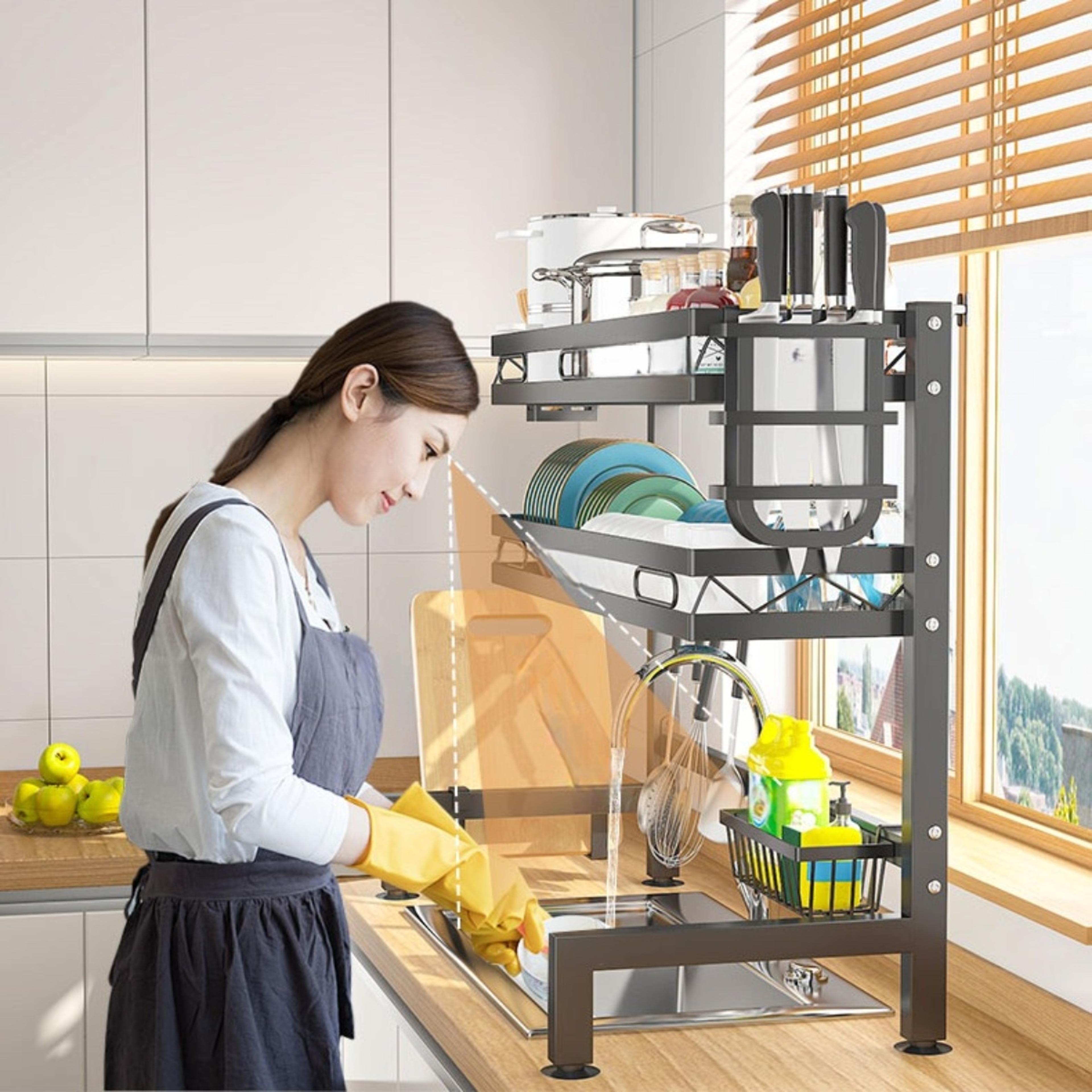 kitchen storage organizer with over-the-sink dish drying rack, utensil holder, sponge holder and hooks