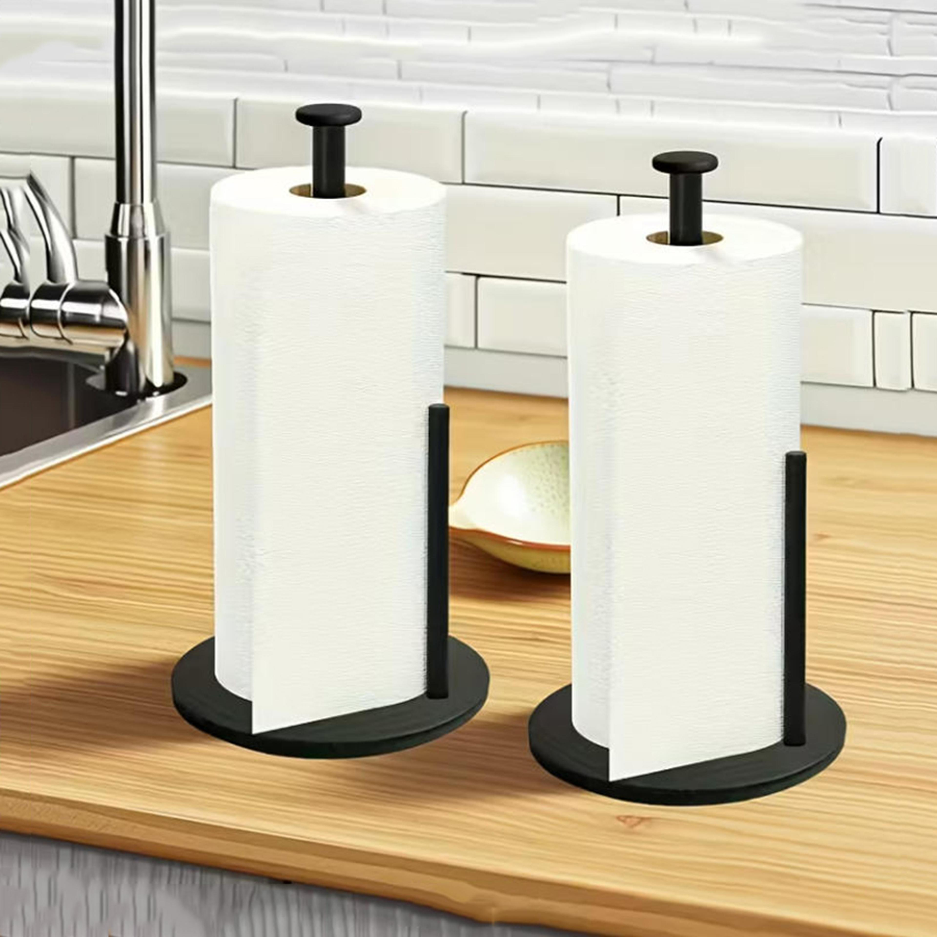 heavy-duty stainless steel kitchen roll holder, weighted base, space-saving paper towel organizer