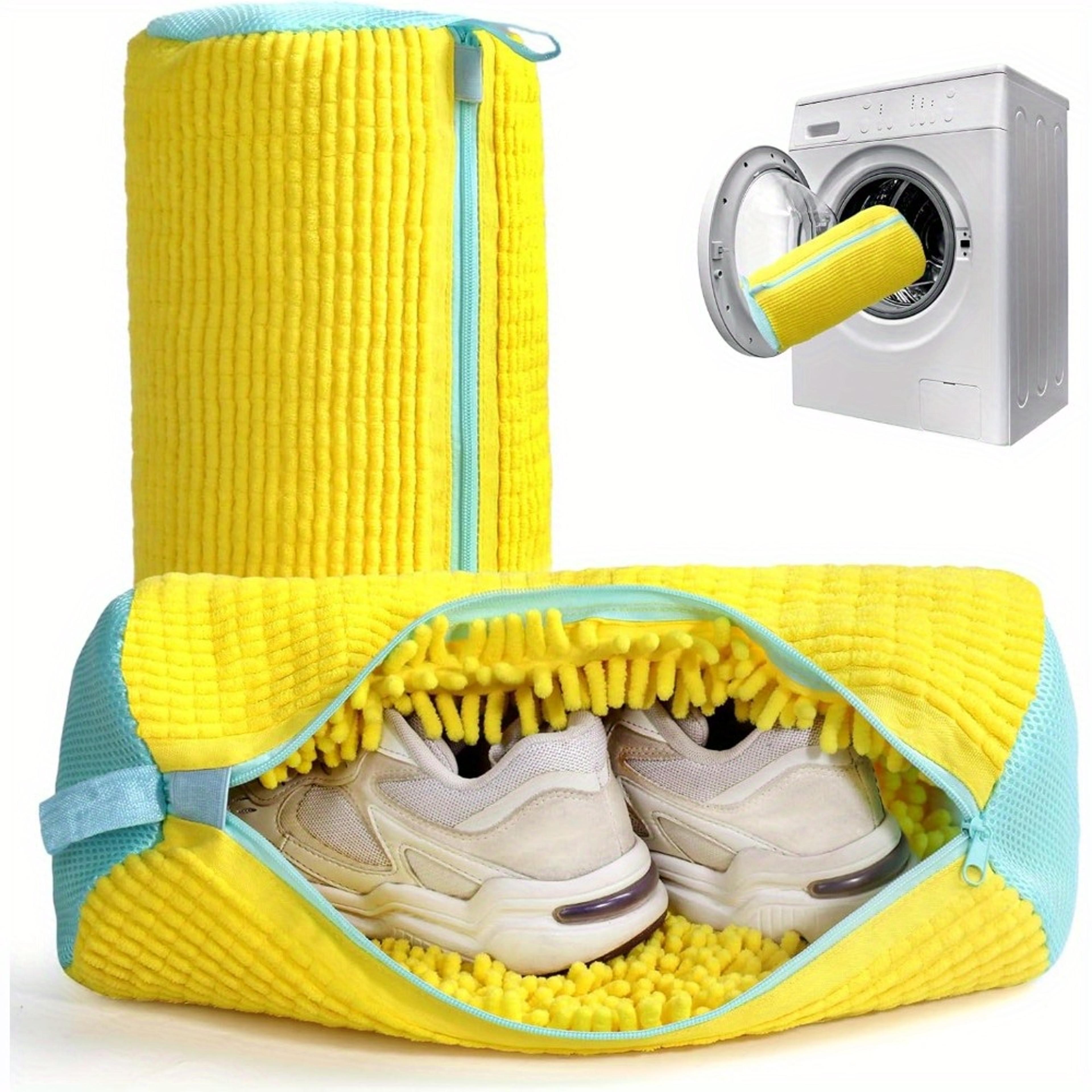 laundry wash bag for all shoe types, durable yellow with blue zipper, ideal for sneakers