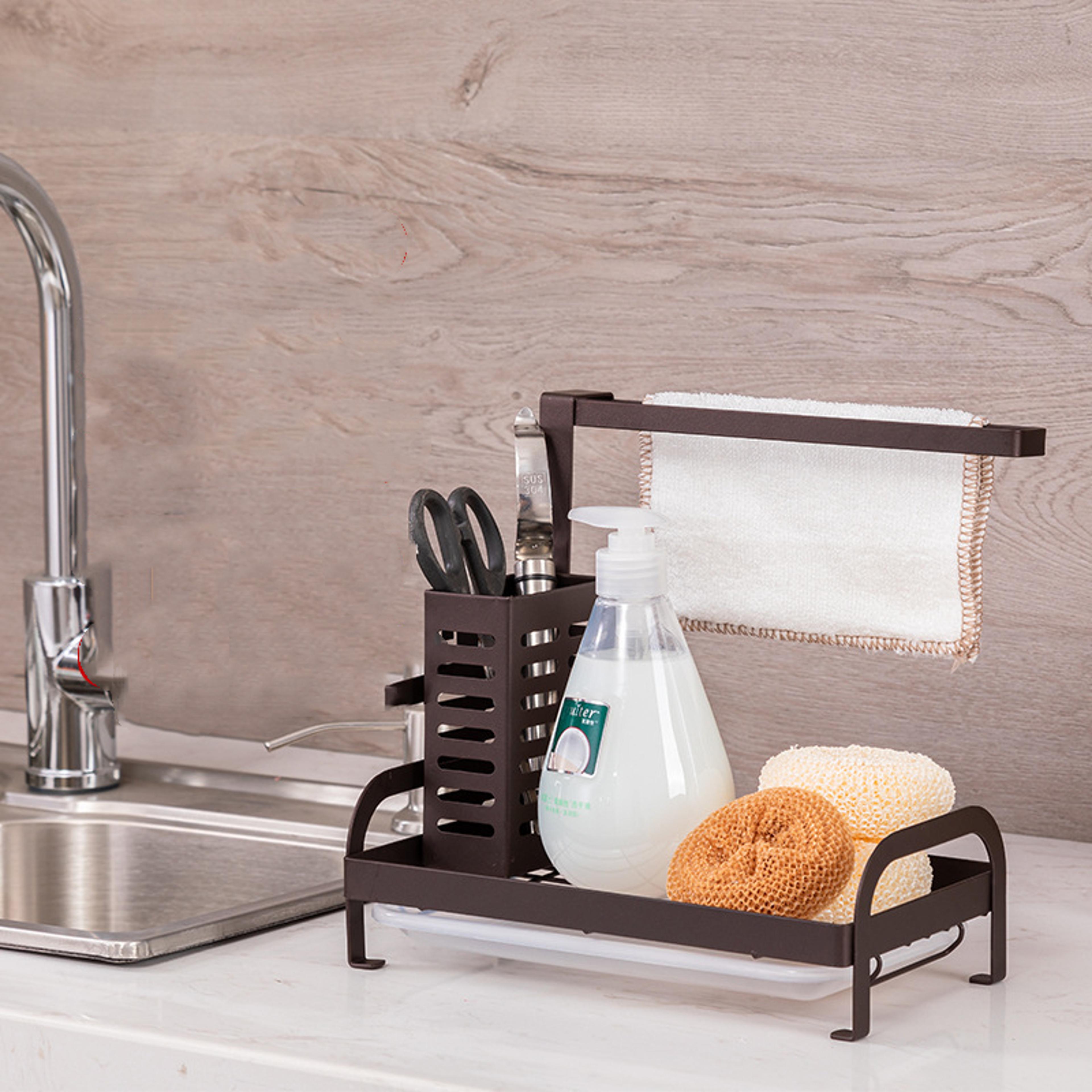 kitchen sink storage rack with drain tray, large sponge holder organizer for soap, brush, and cleaning supplies
