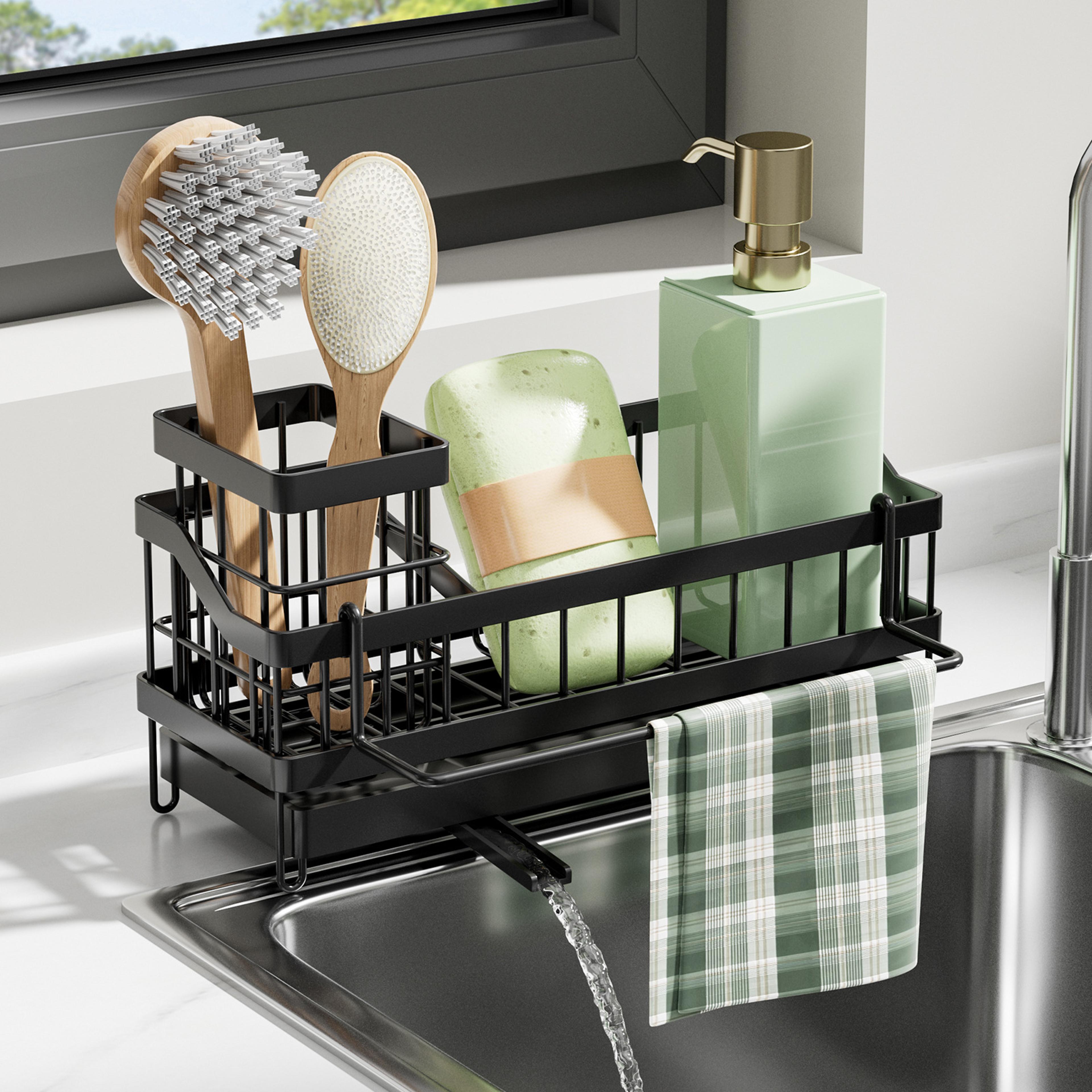 wall-mounted long brush rack, dishwashing sponge kitchen holder, drain racker display, drill-free storage home use