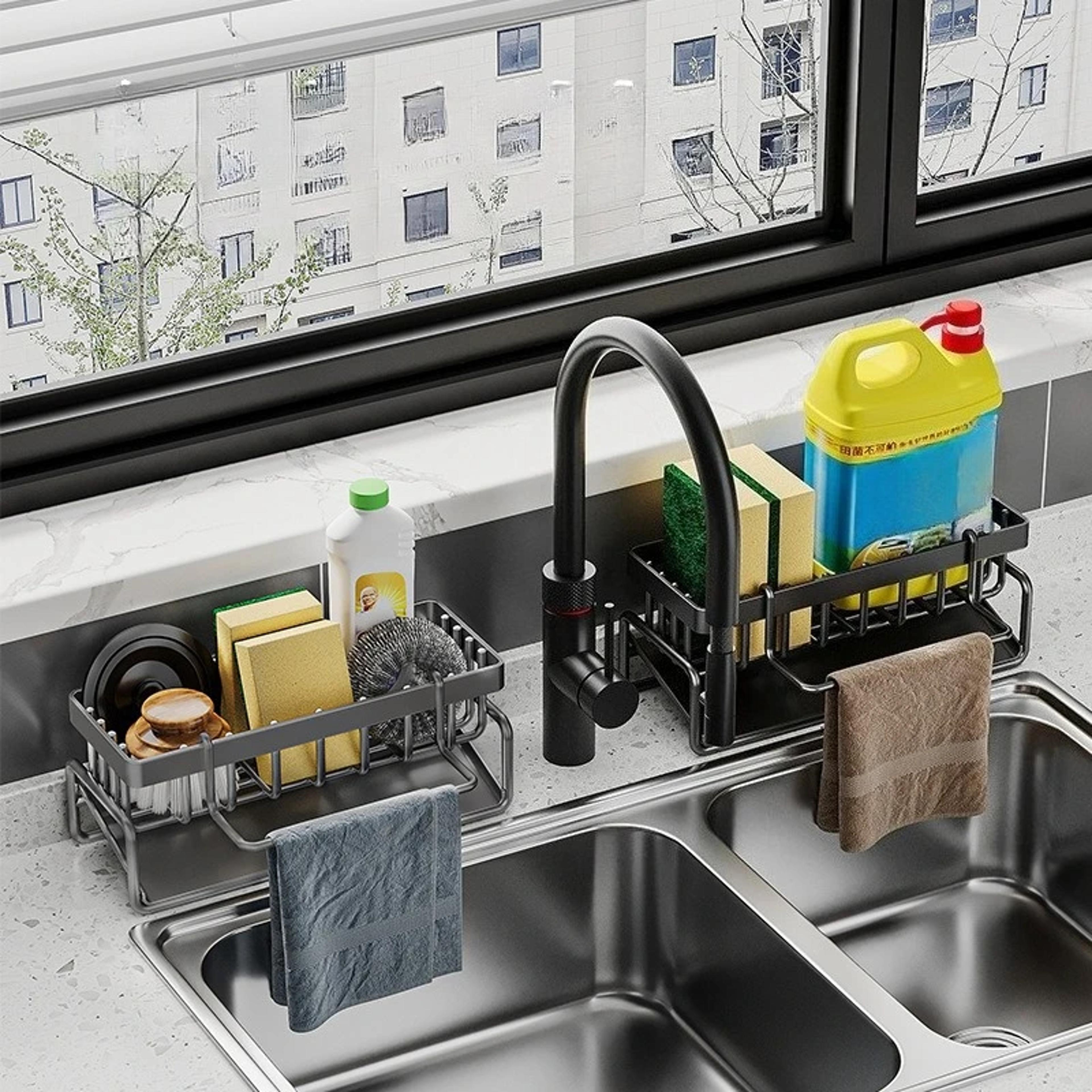 kitchen accessories sink drain rack, abs sponge holder, faucet storage, soap drainer, towel shelf organizer