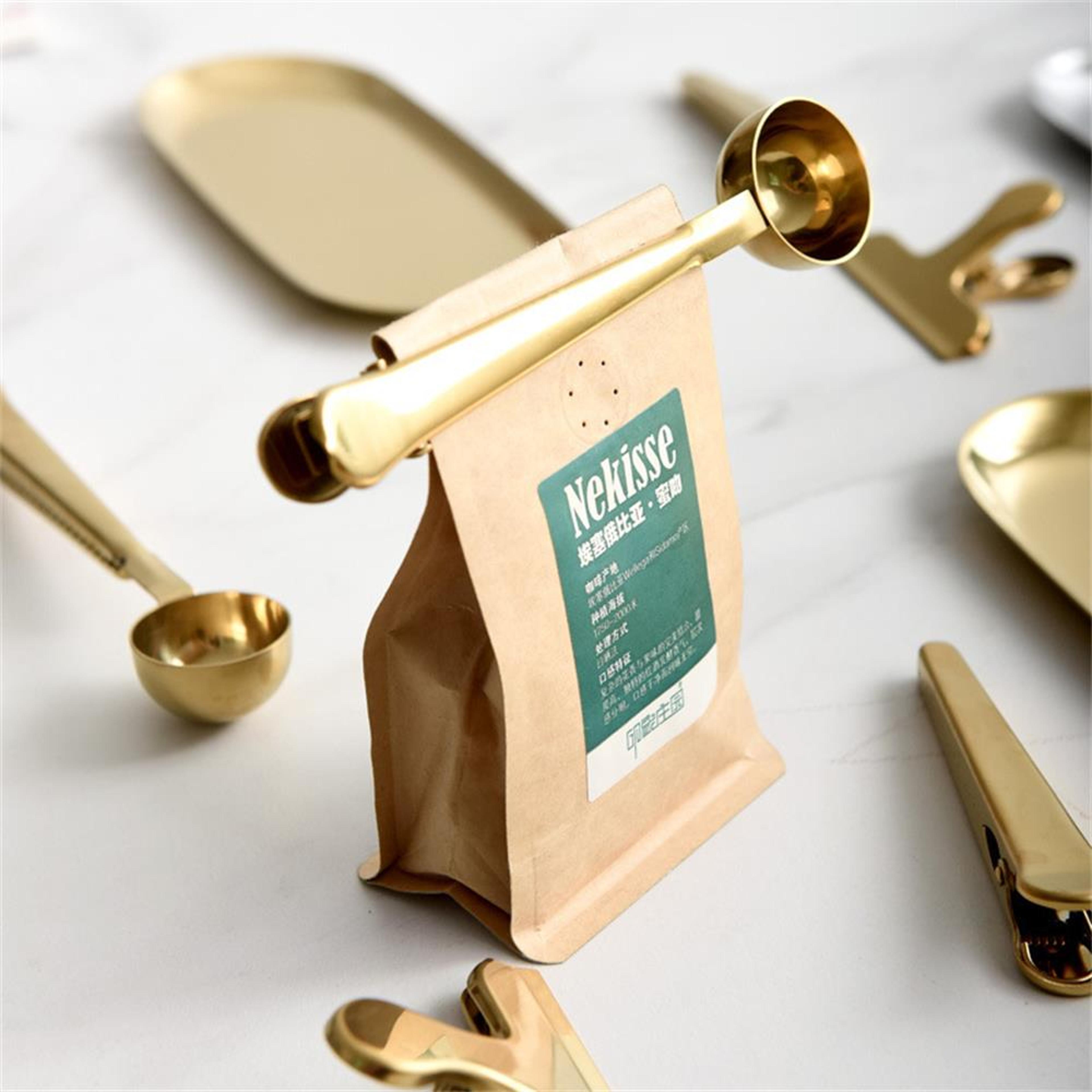 coffee powder measuring scoop, stainless steel with sealing clip, tea milk powder scoop