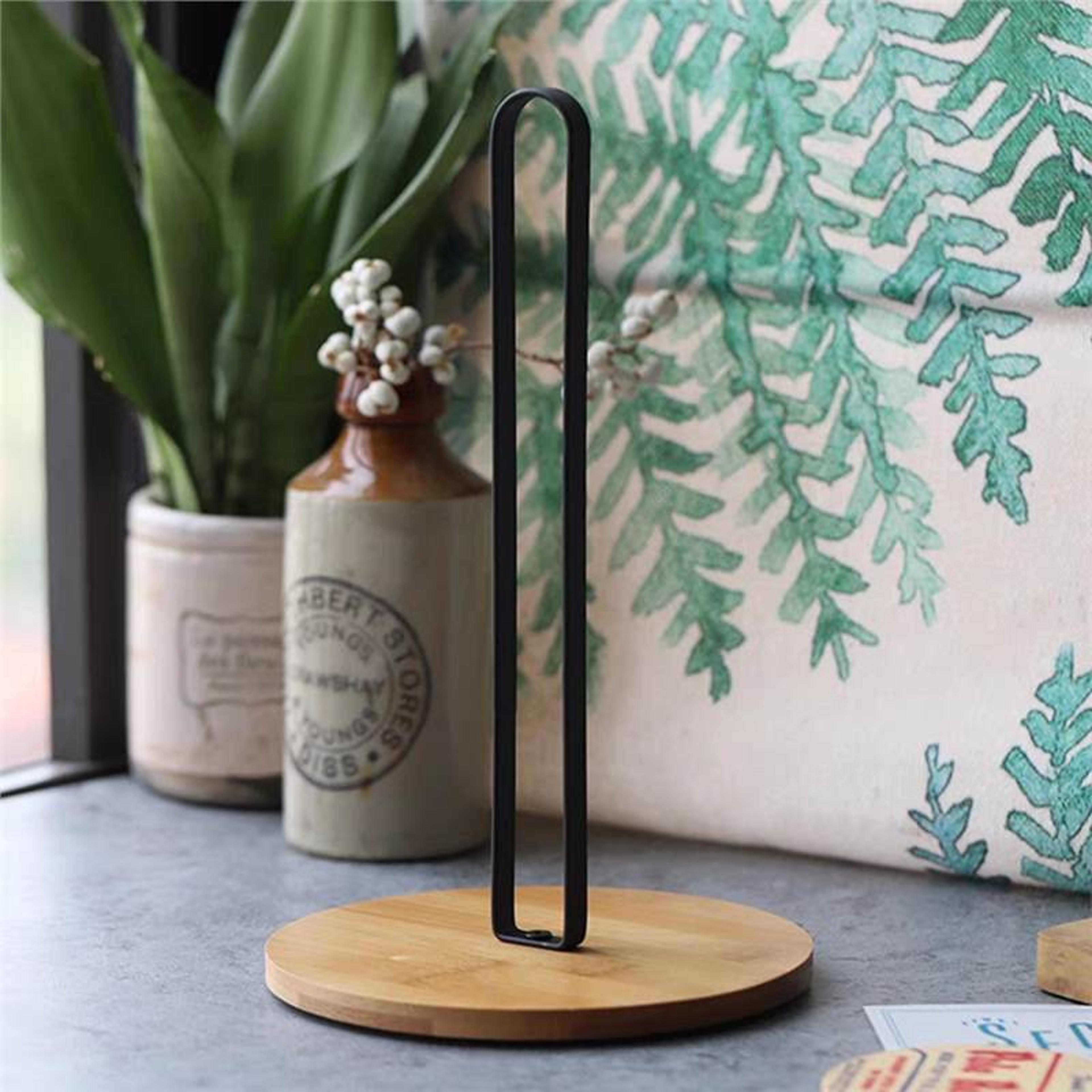 free-standing paper towel holder with nordic style bamboo base, vertical storage rack for kitchen