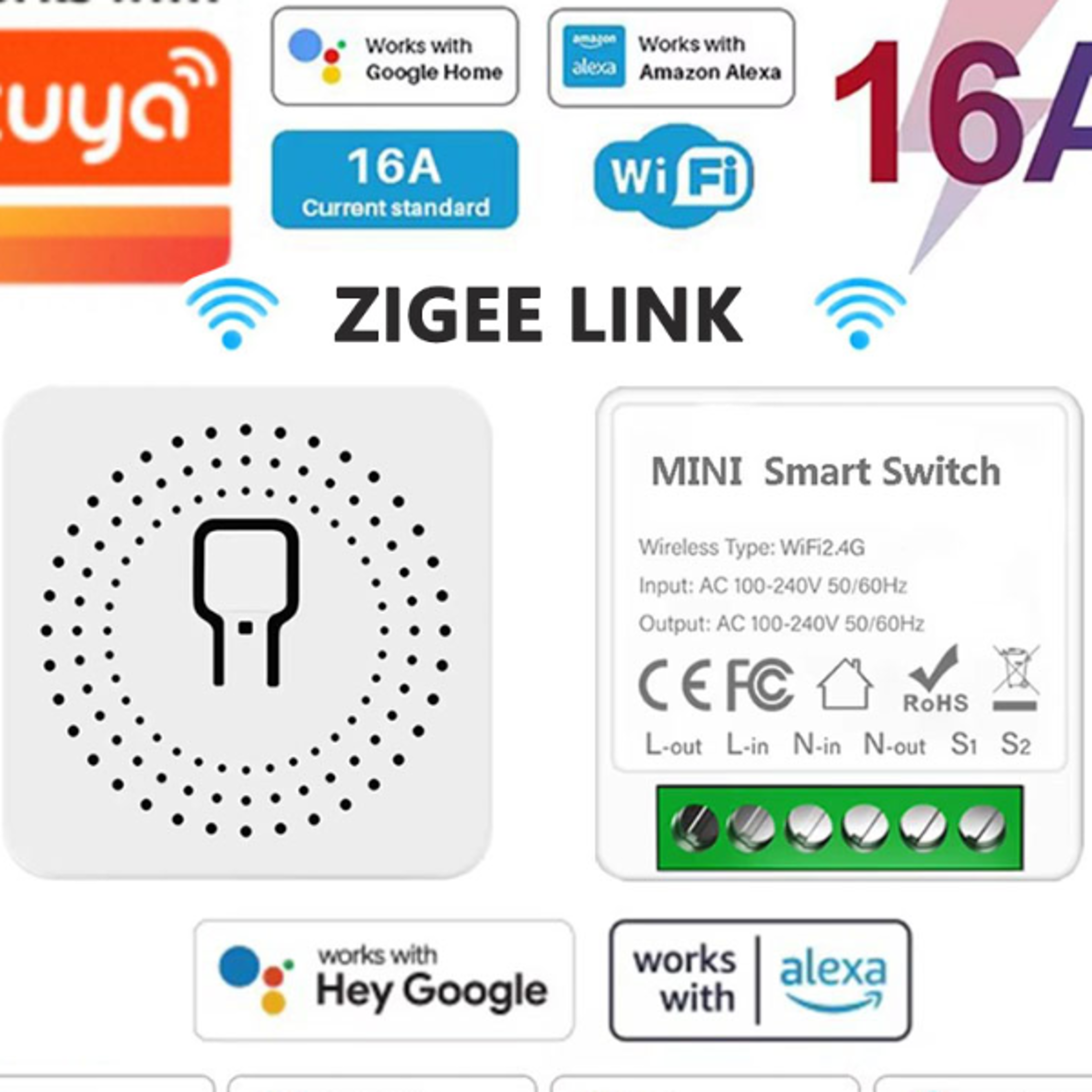 16A WiFi Smart Switch 2Way DIY Light Switch Module Voice Control Tuya Smart Life Alexa Google Home