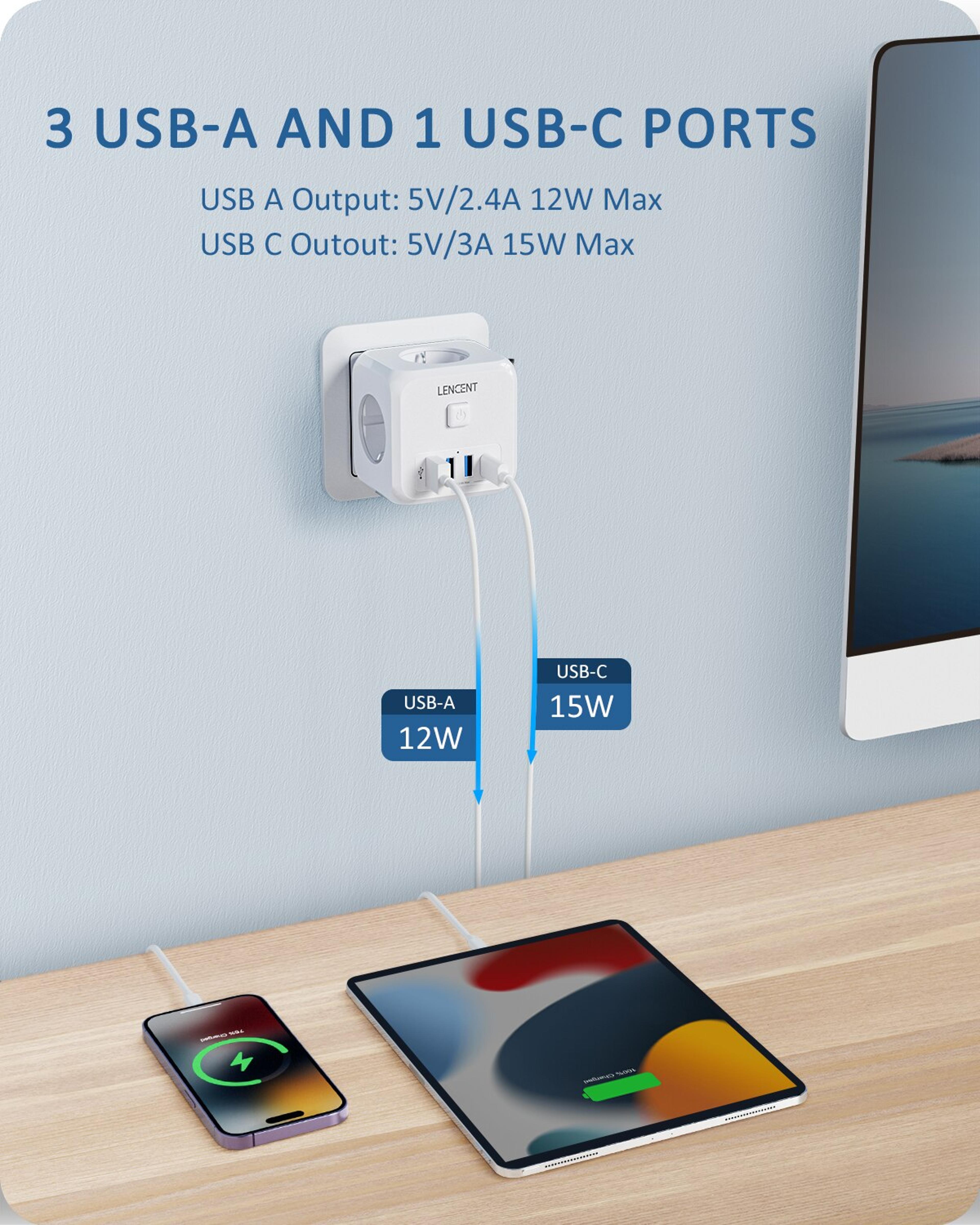 Wall Socket Extender With USB Ports And Type C Charger OnOff Switch For Home 3