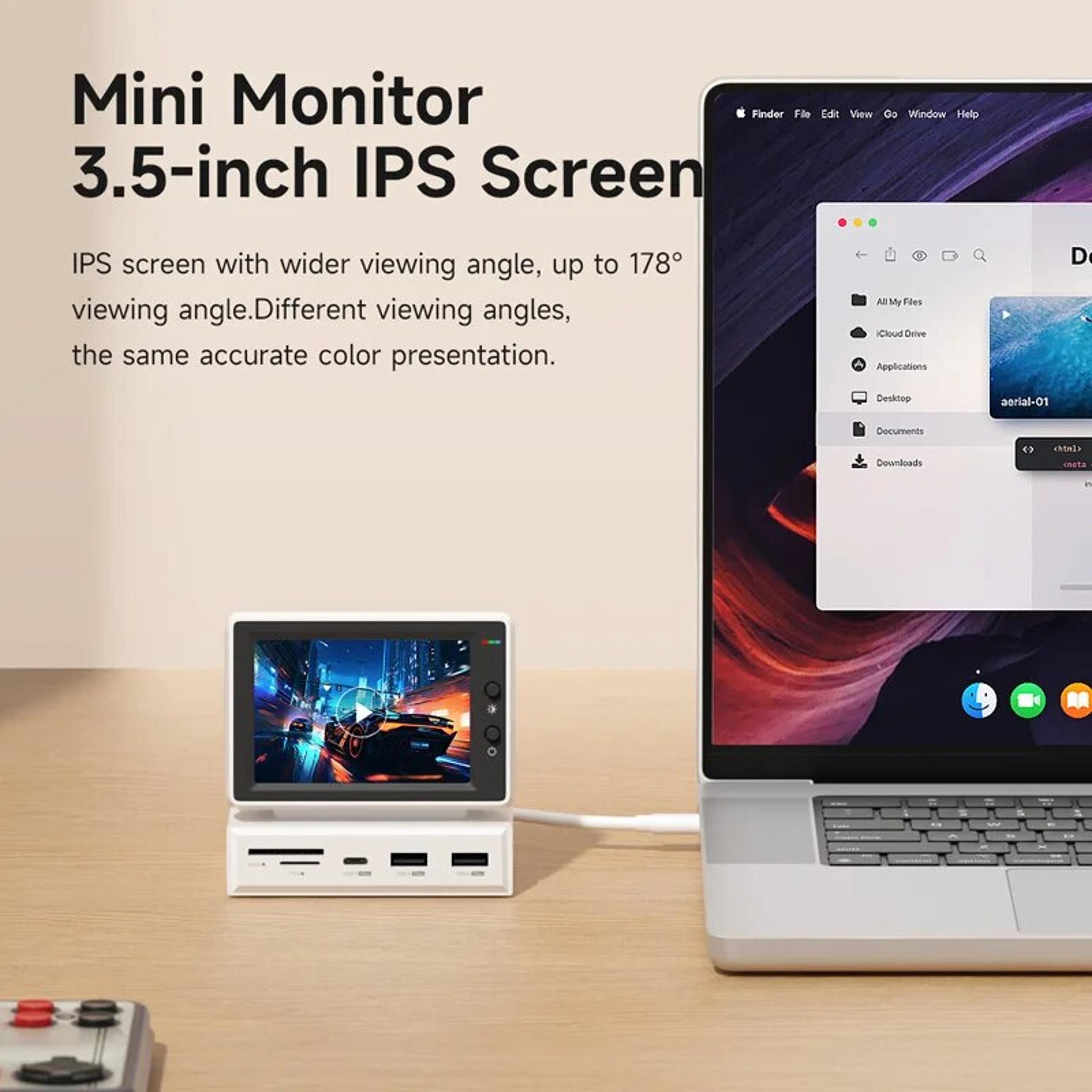 IPS Mini Screen  Portable Mini PC Data Monitor With USB C Hub For Laptop PC And MacBook 3