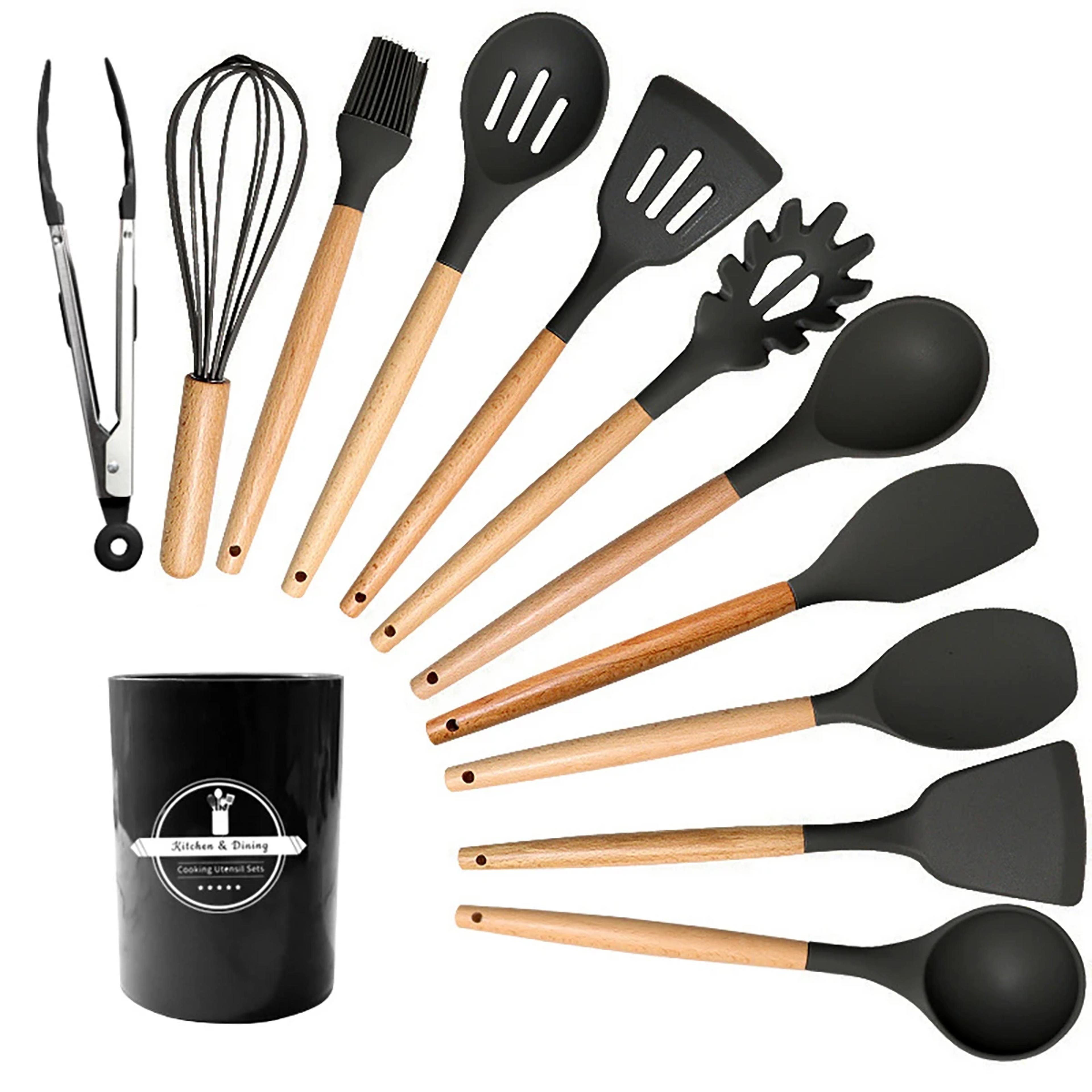 silicone cooking utensils set for non-stick cookware, heat-resistant black kitchen tools