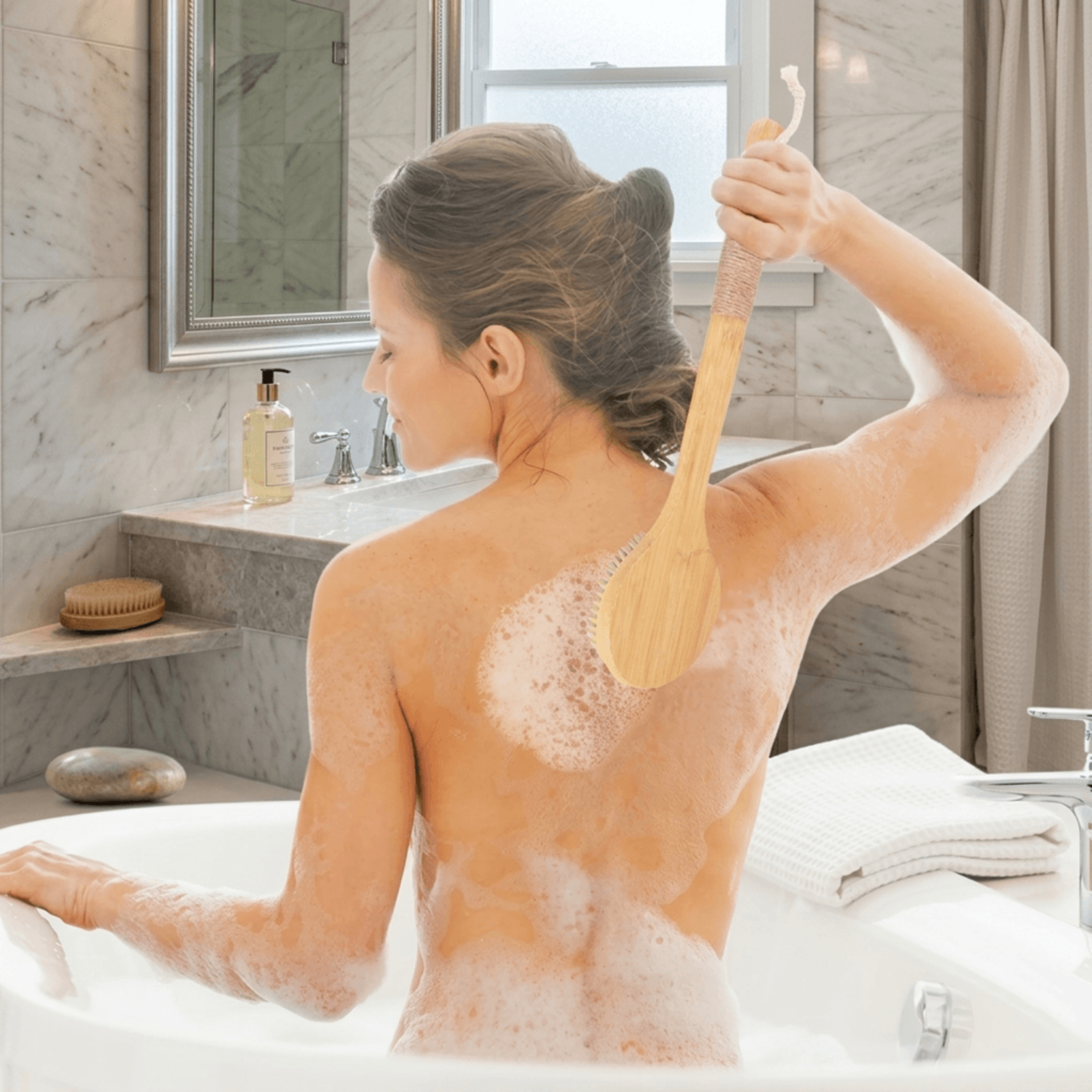 bamboo back scrubber for shower - soft bristles & long handle for skin exfoliation
