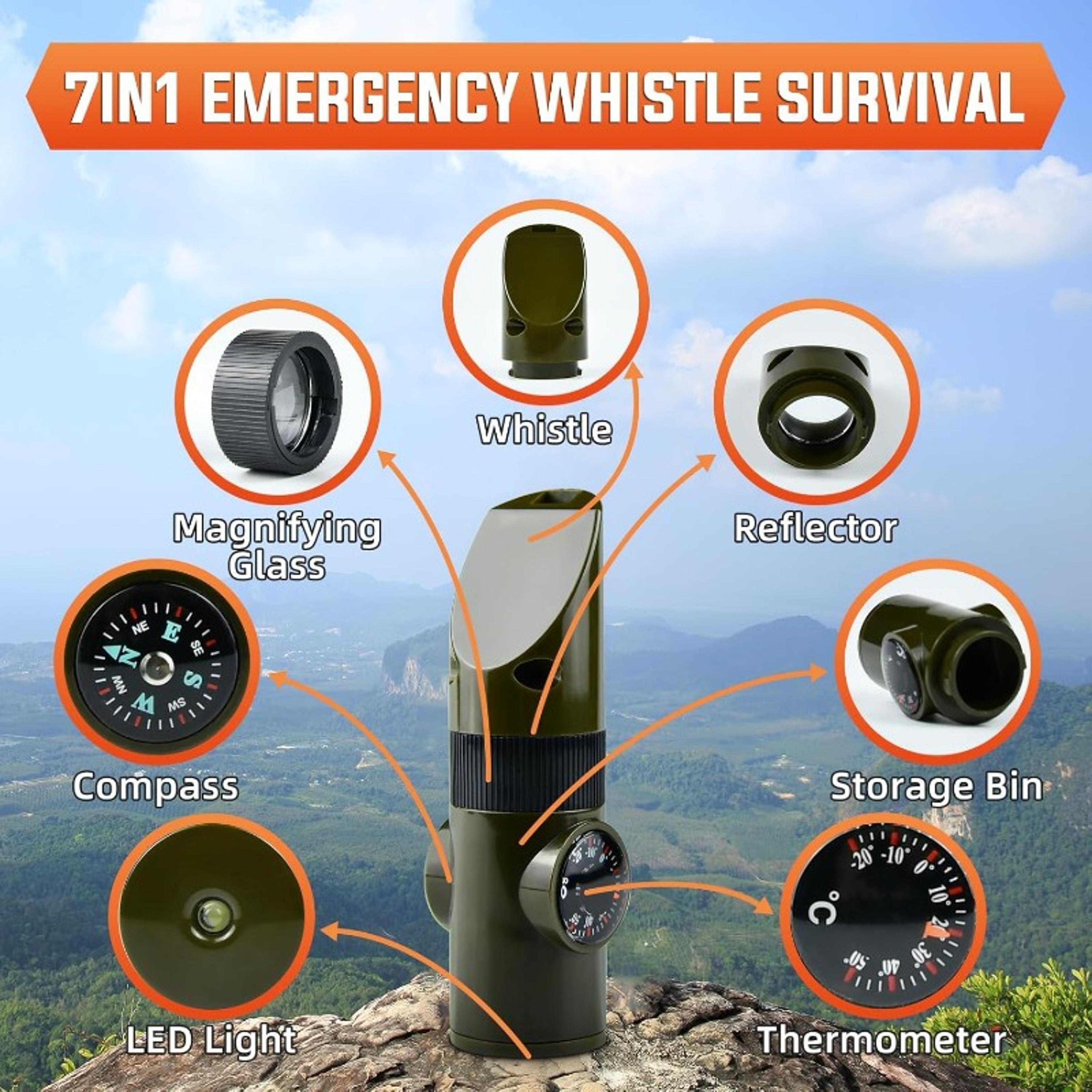 Survival Whistle With Compass LED Flashlight  Thermometer  Ultimate Outdoor Emergency Tool For Camp 1