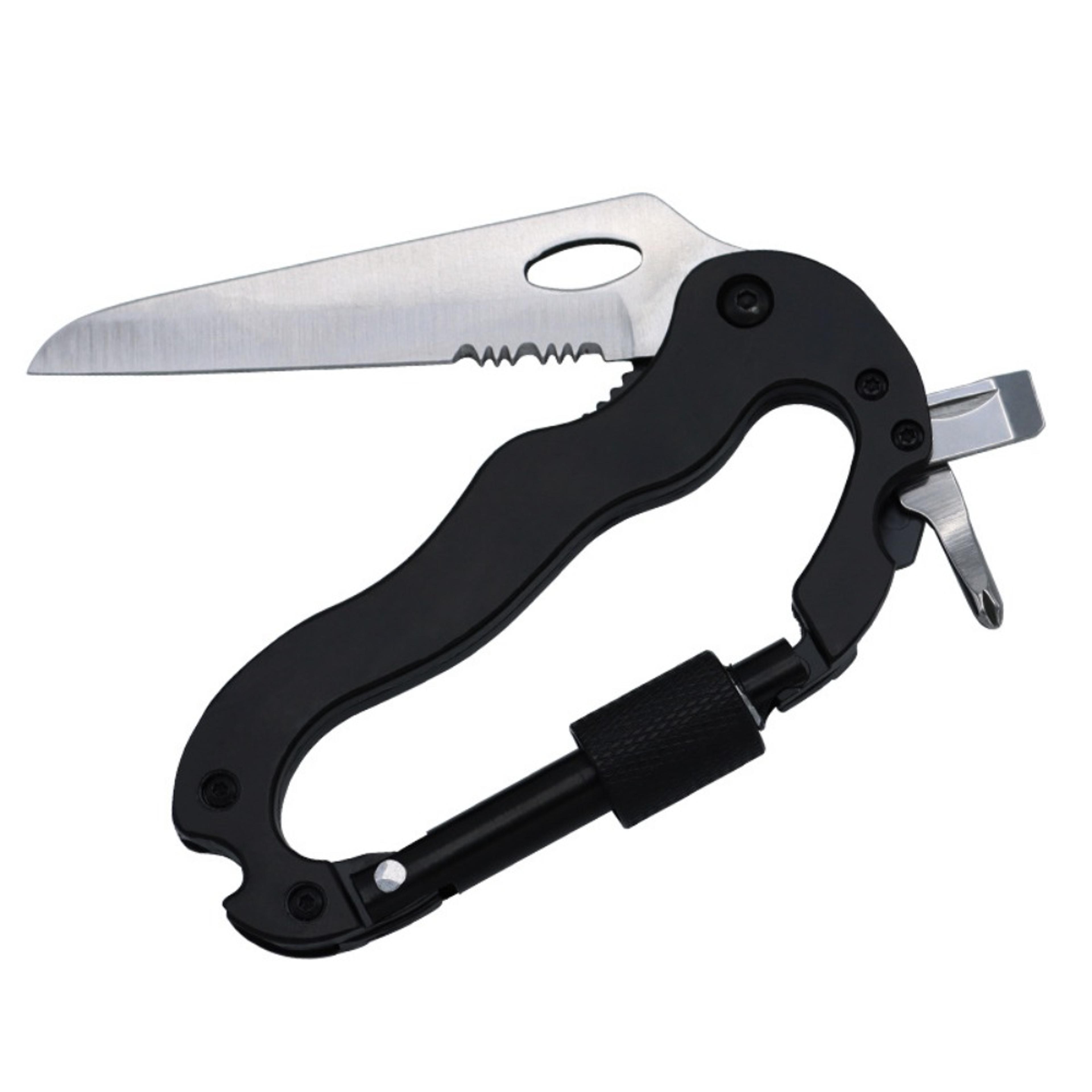 all-in-one carabiner multi tool bottle opener keychain for outdoor and everyday carry