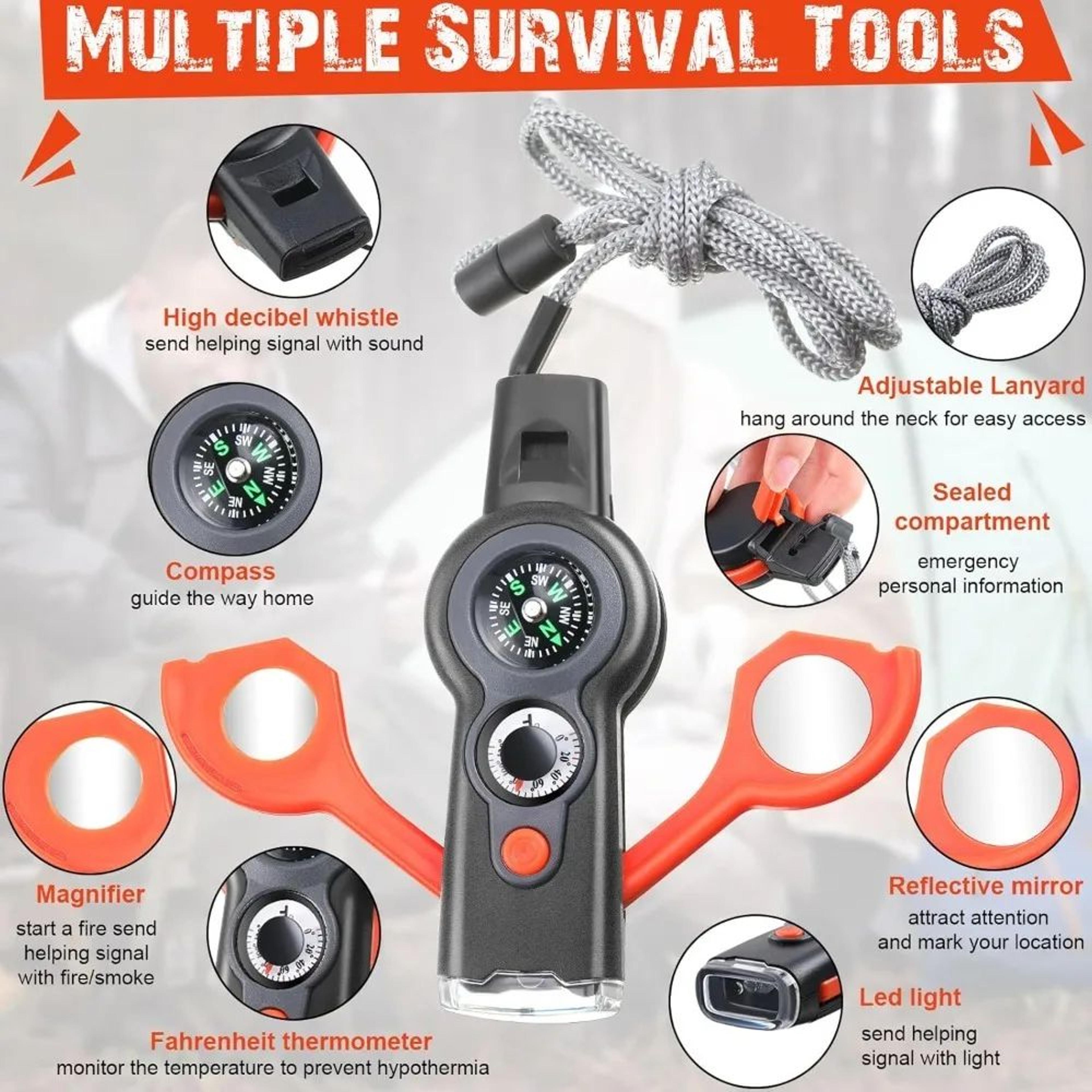 Survival Whistle With Compass Thermometer And Flashlight For Camping Emergency Safety 4