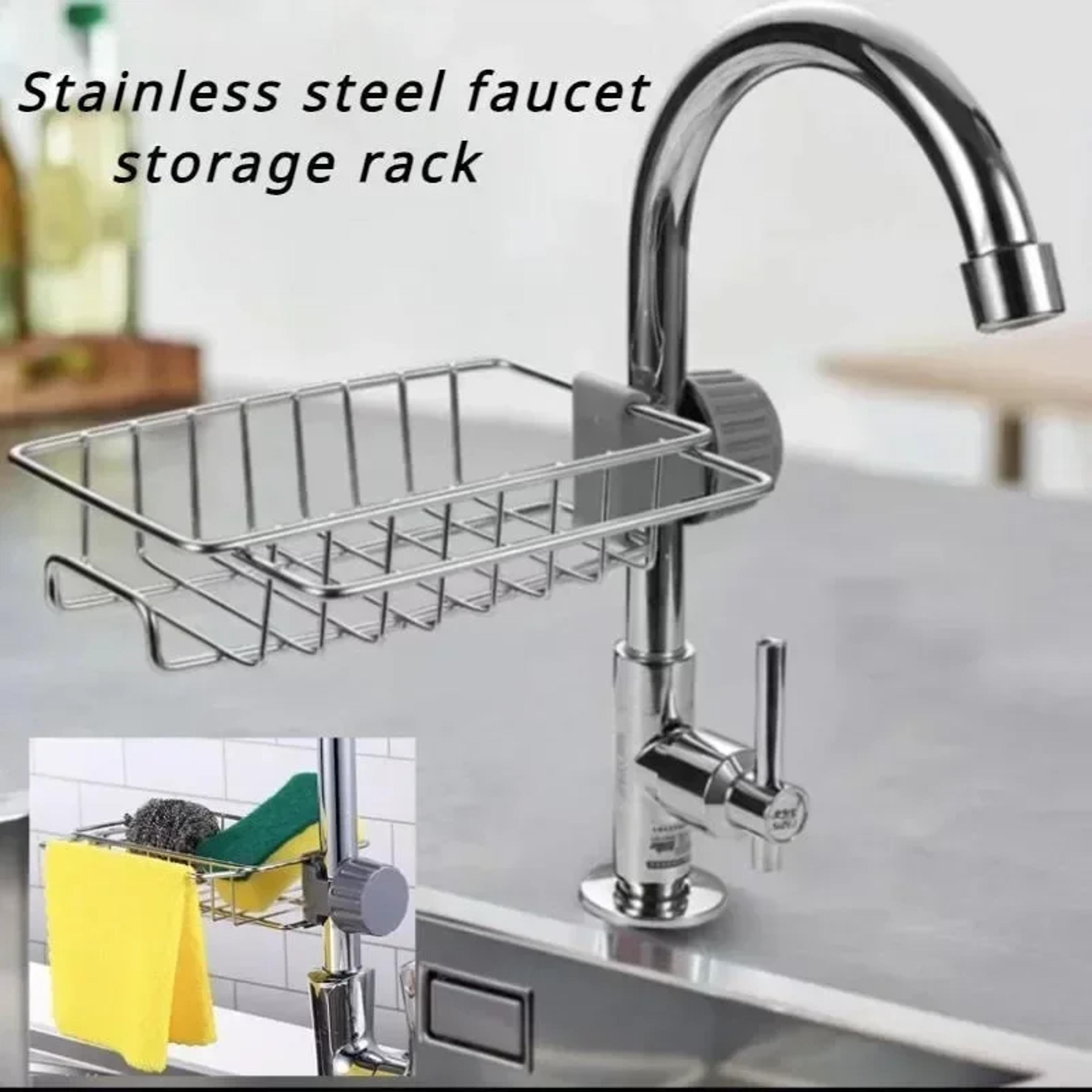 stainless steel sink organizer rack with faucet holder and detachable drain shelf