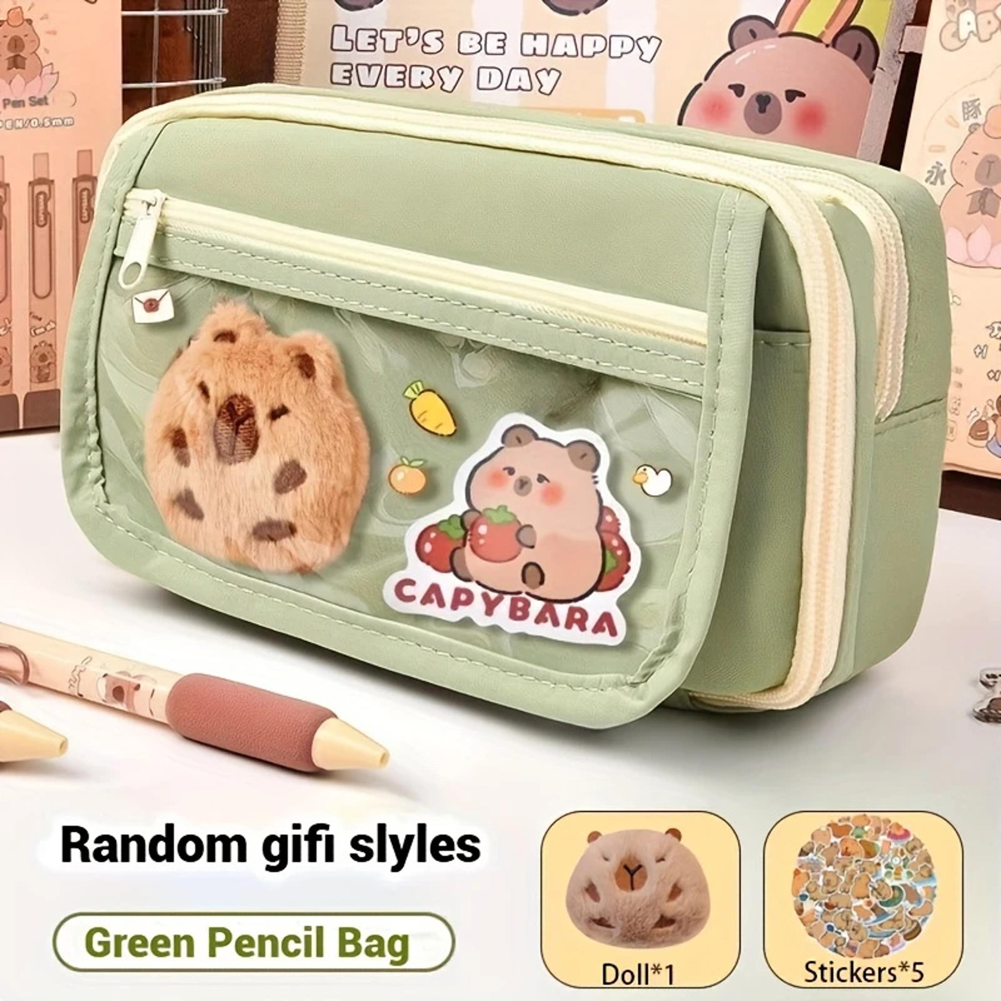 Cute Capybara Canvas Pencil Case Set With Doll Stickers Layered Compartment Zipper Closure For Back 5