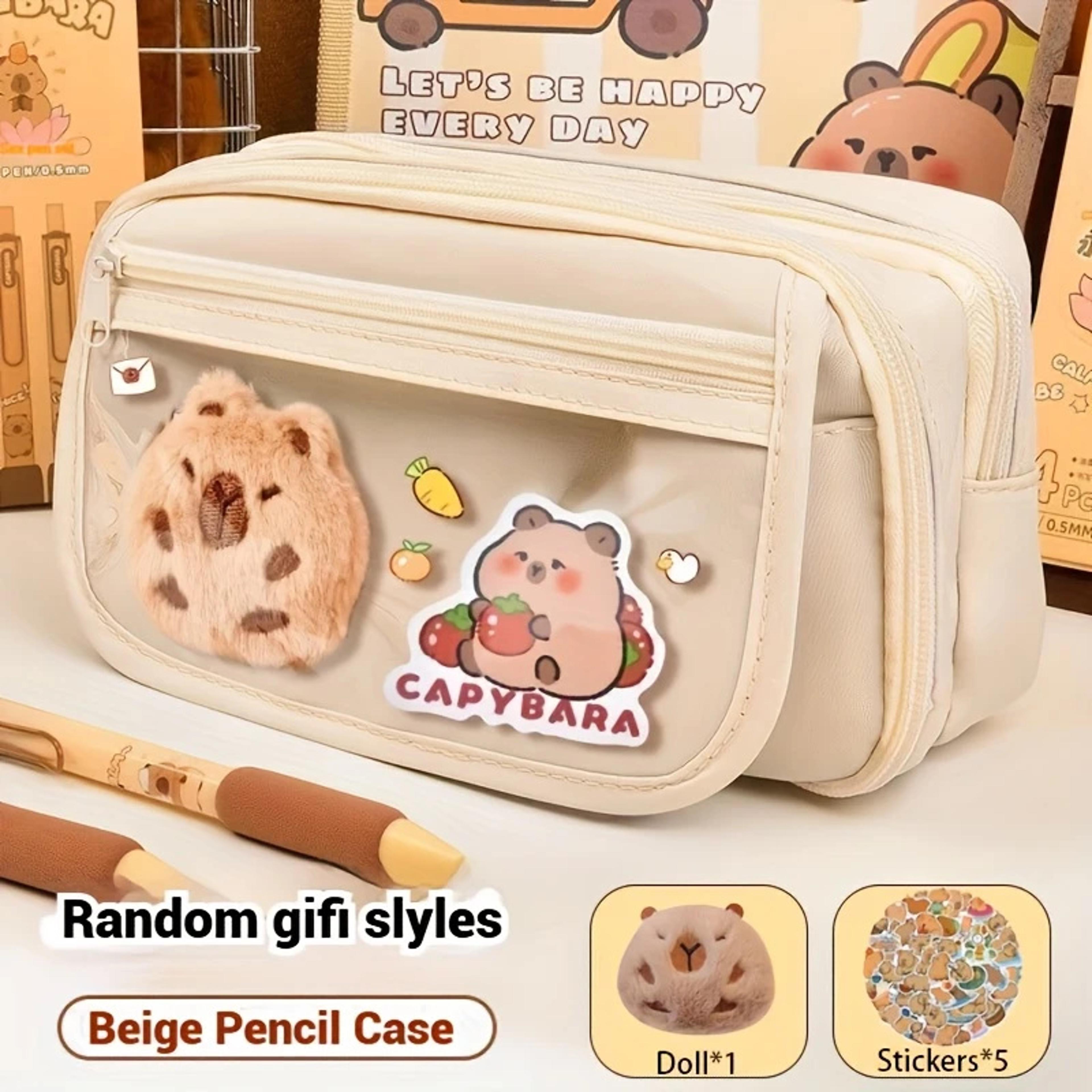 Cute Capybara Canvas Pencil Case Set With Doll Stickers Layered Compartment Zipper Closure For Back 6