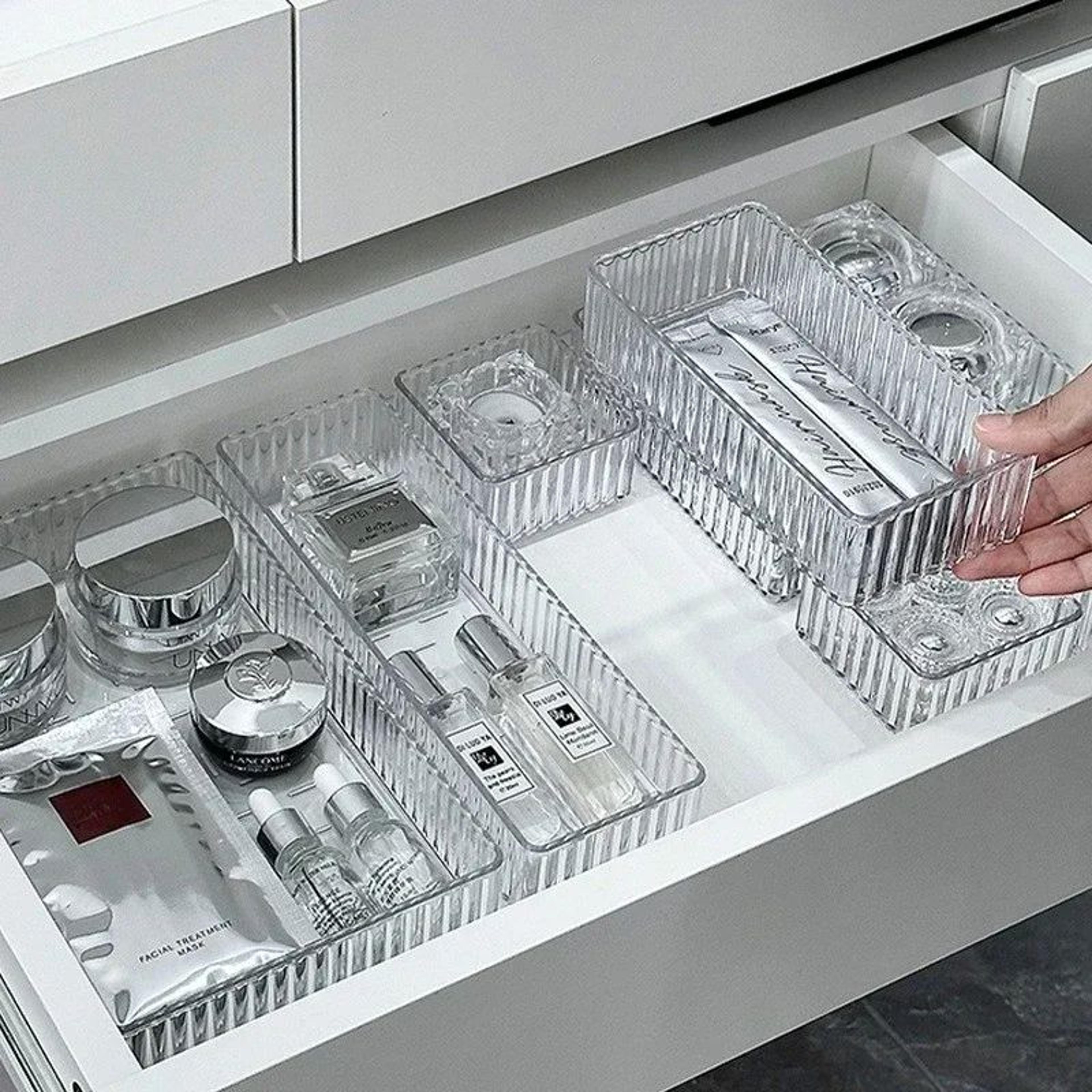 unlimited desk drawer organizers set, clear acrylic plastic bathroom storage bins, transparent makeup organizer box