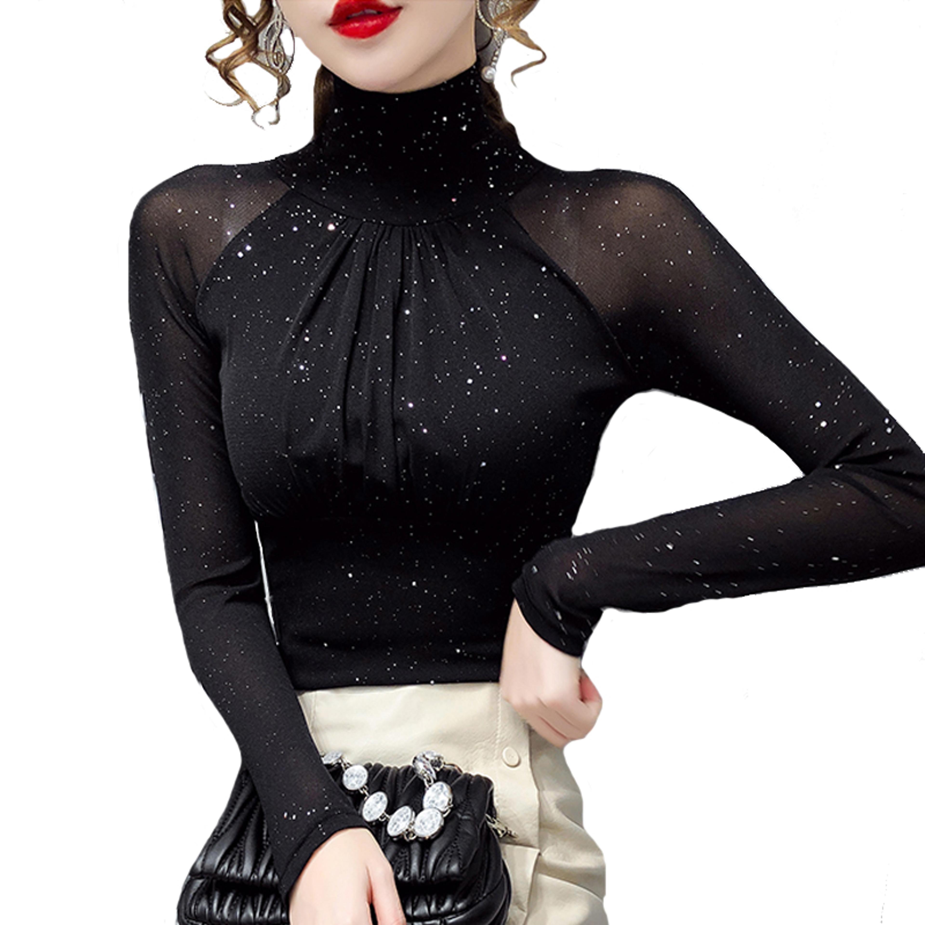 korean fashion mesh top, high neck black bottoming t shirt, sexy casual lady blusa