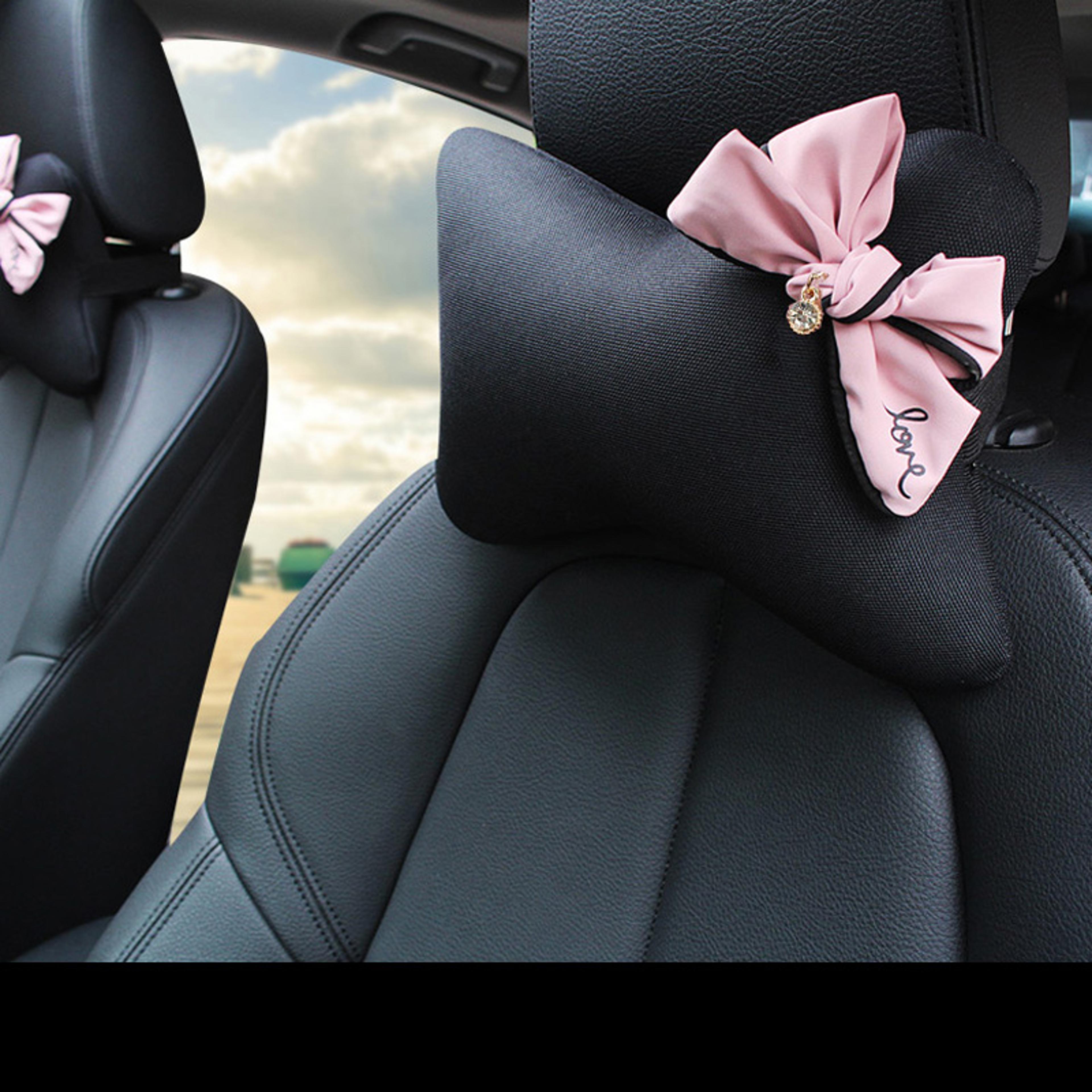 Pink Bow Universal Car Neck Pillow Four Seasons Ice Silk Waist Support Auto Seat Headrest Accessori 4