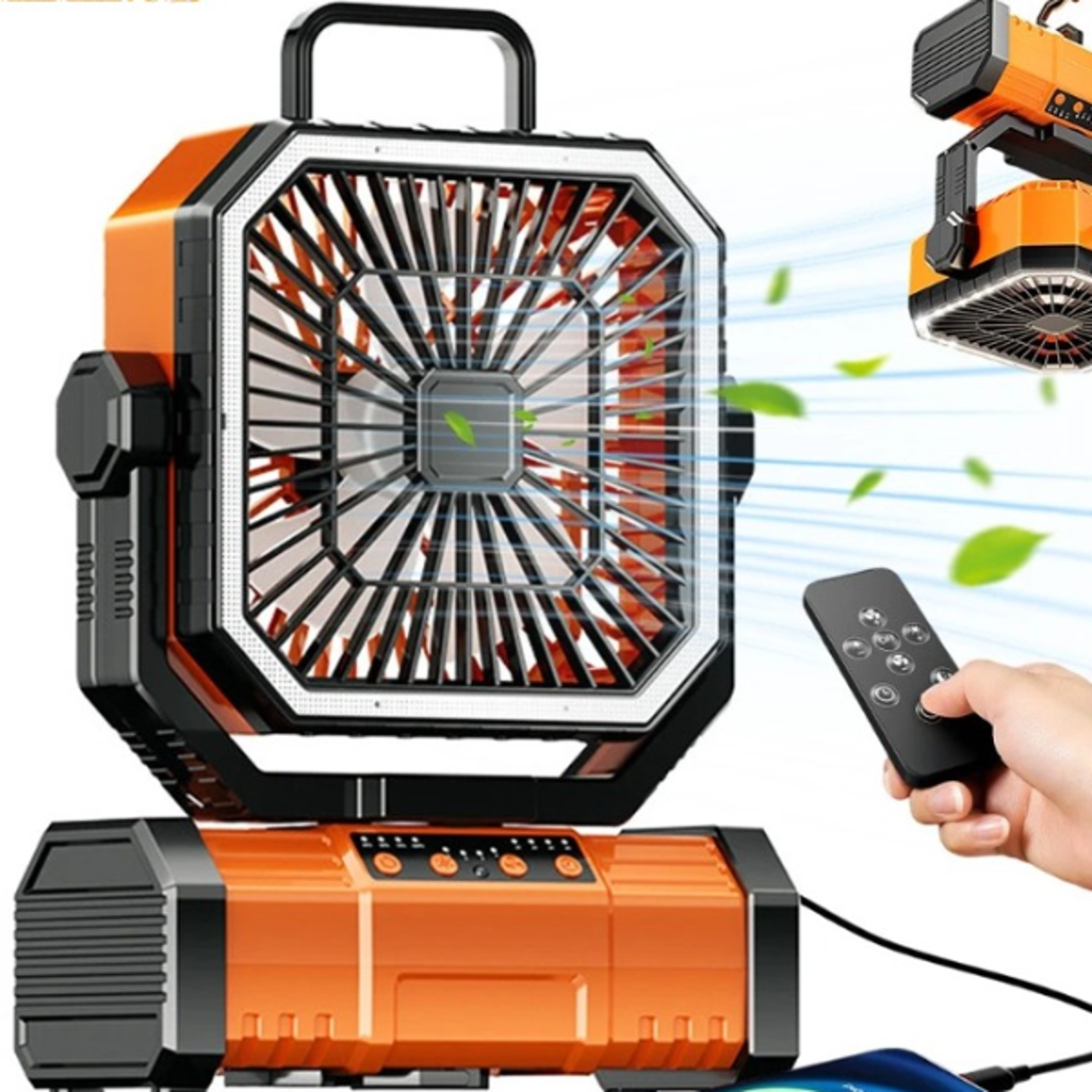 rechargeable camping fan with led light, remote control & tent ceiling hook