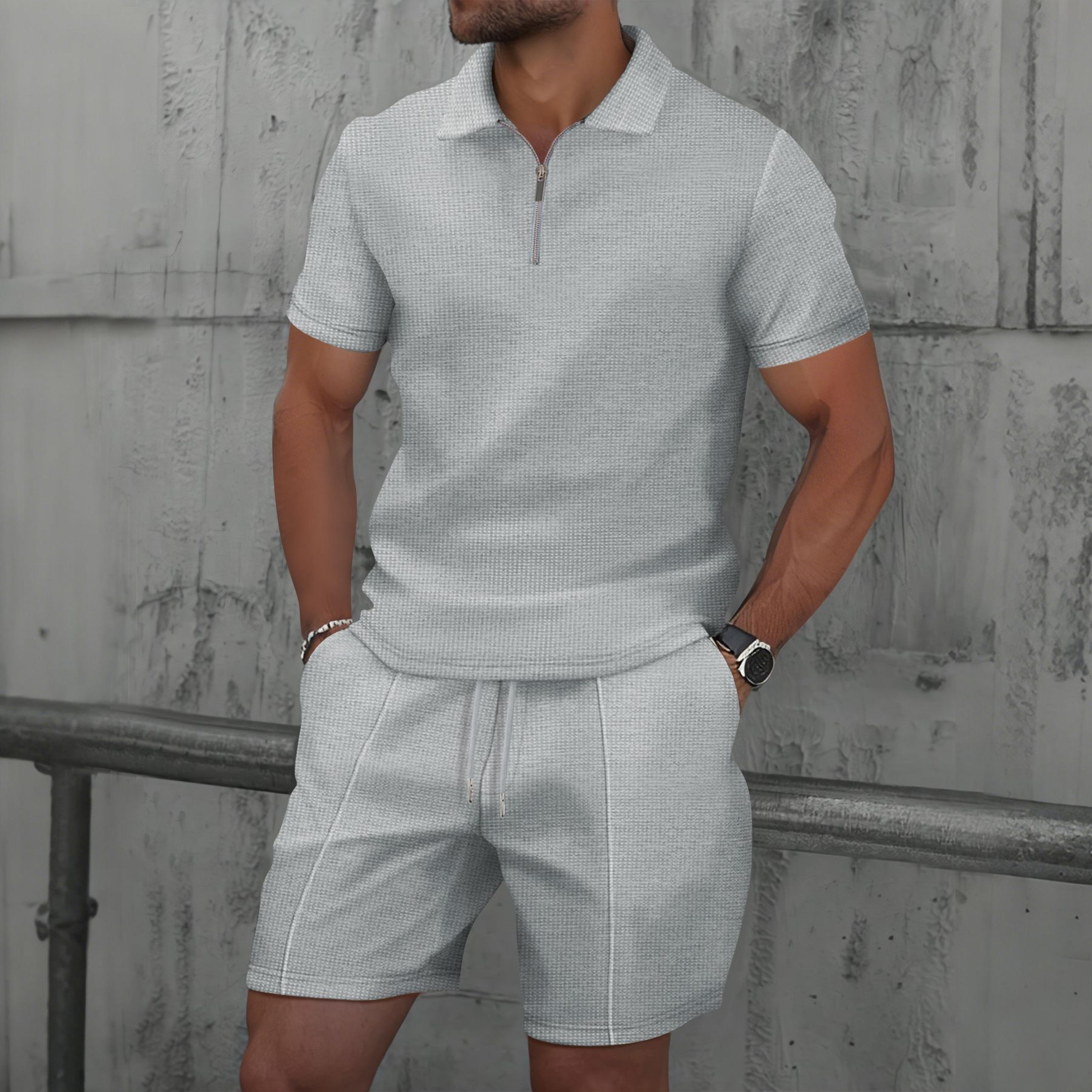 Mens Summer Waffle Knit Zip Up Shorts Set Casual Matching Outfit 3