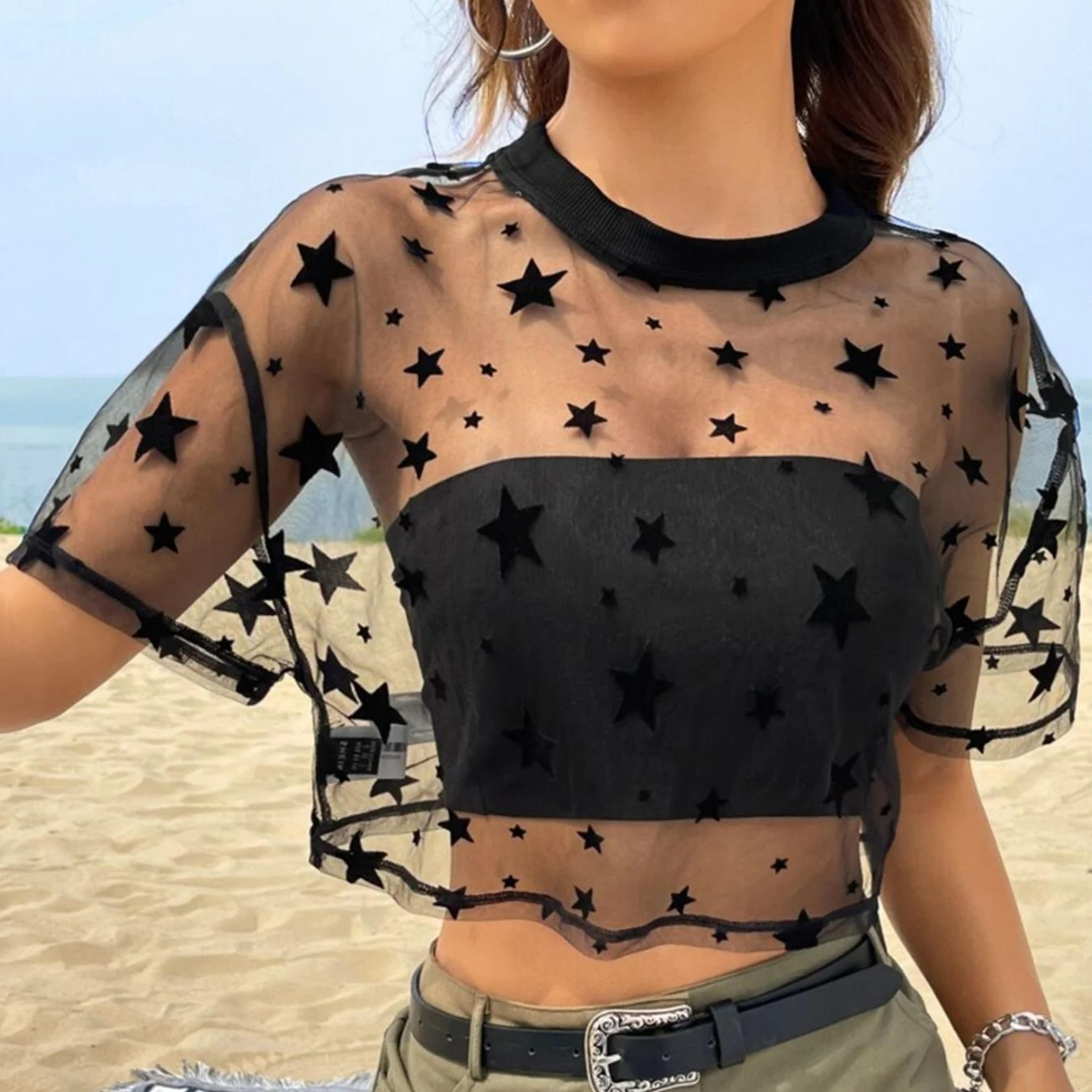 Heart Whisper Sheer Mesh Crop Top For Women Vintage Heart Print Summer Baby Tee 4