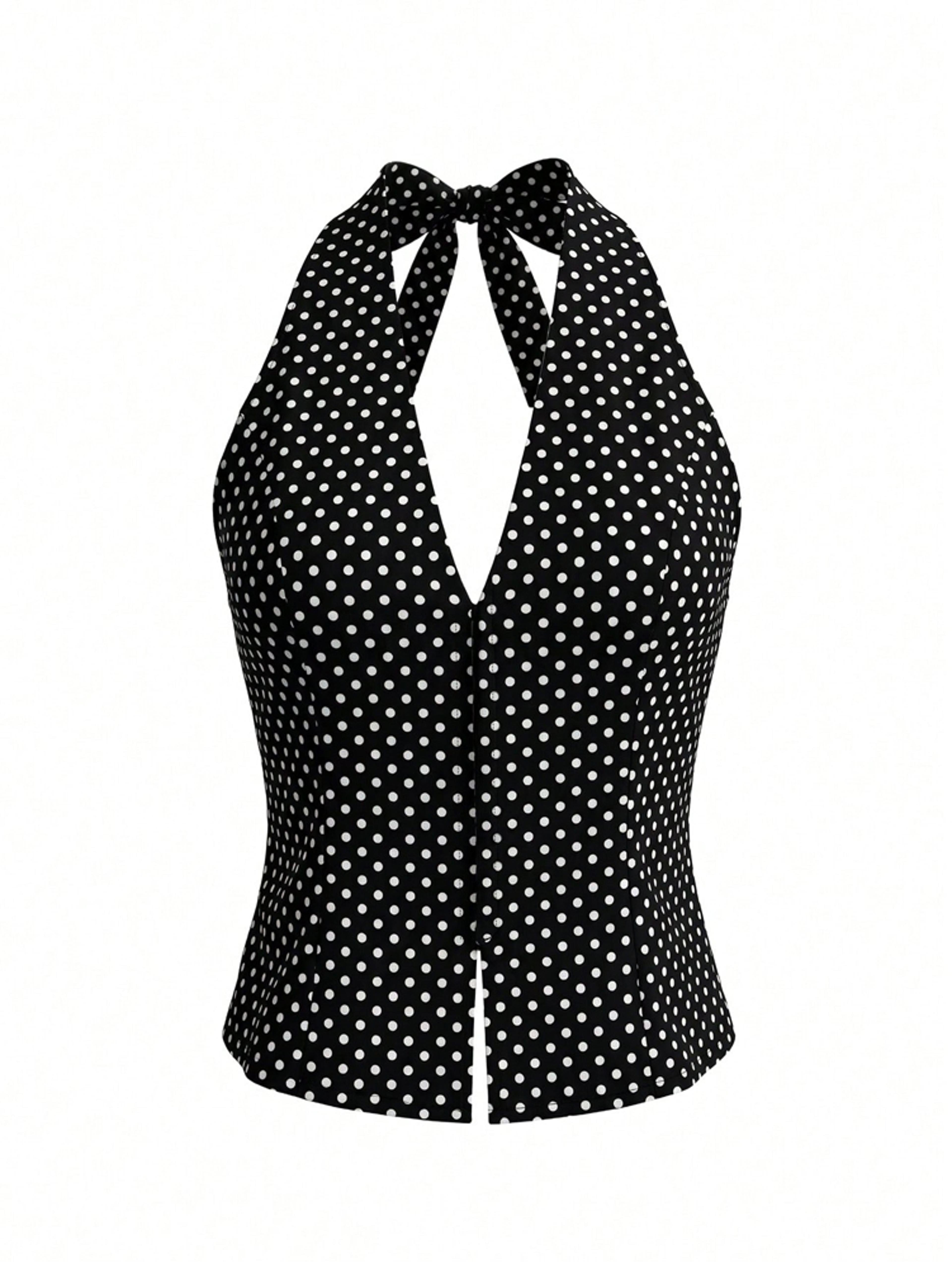 Polka Dot Halter Crop Top For Women Deep V Backless Party Night Out Blouse 6