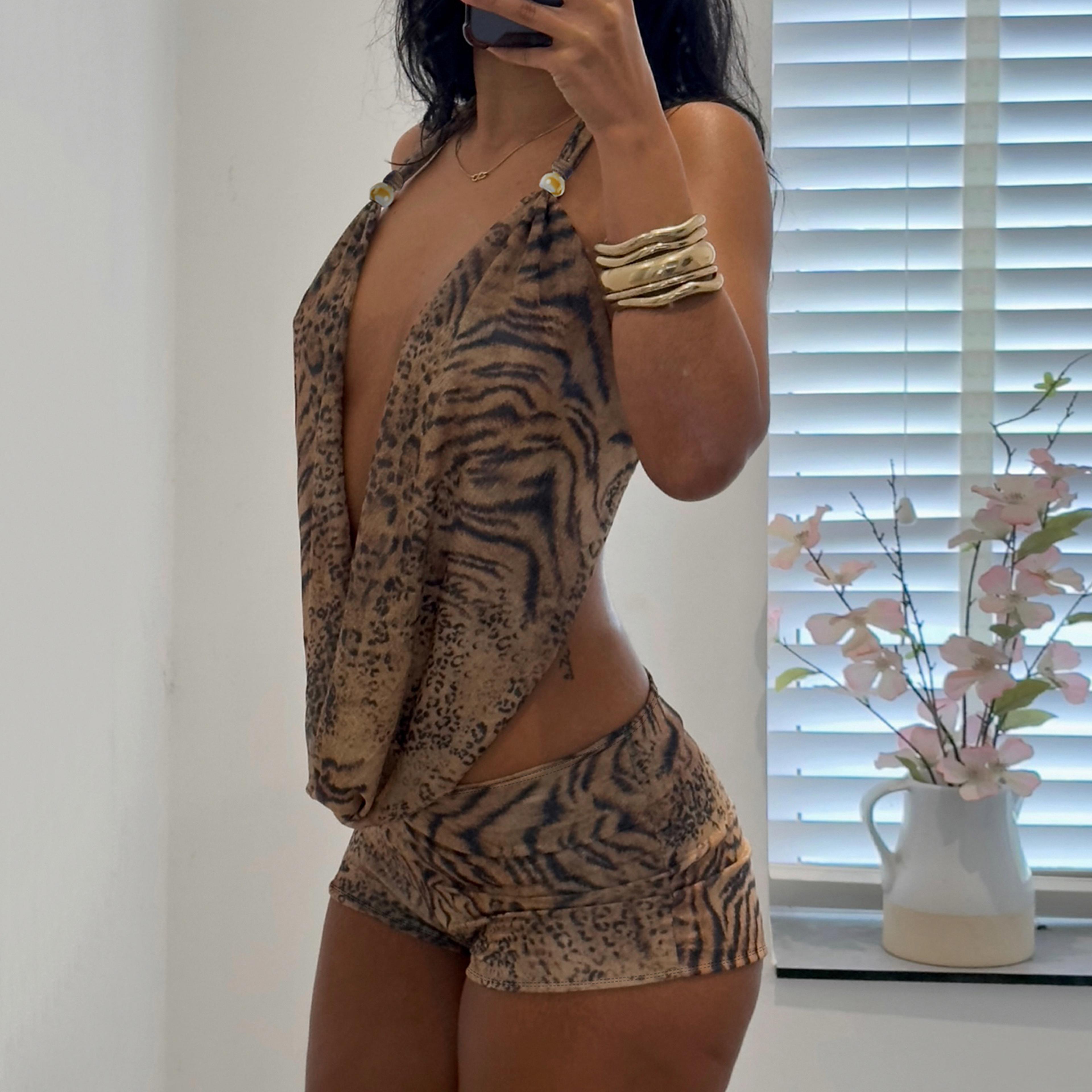Wild Desire Leopard Print Halter Crop Top  Low Rise Shorts Summer 1