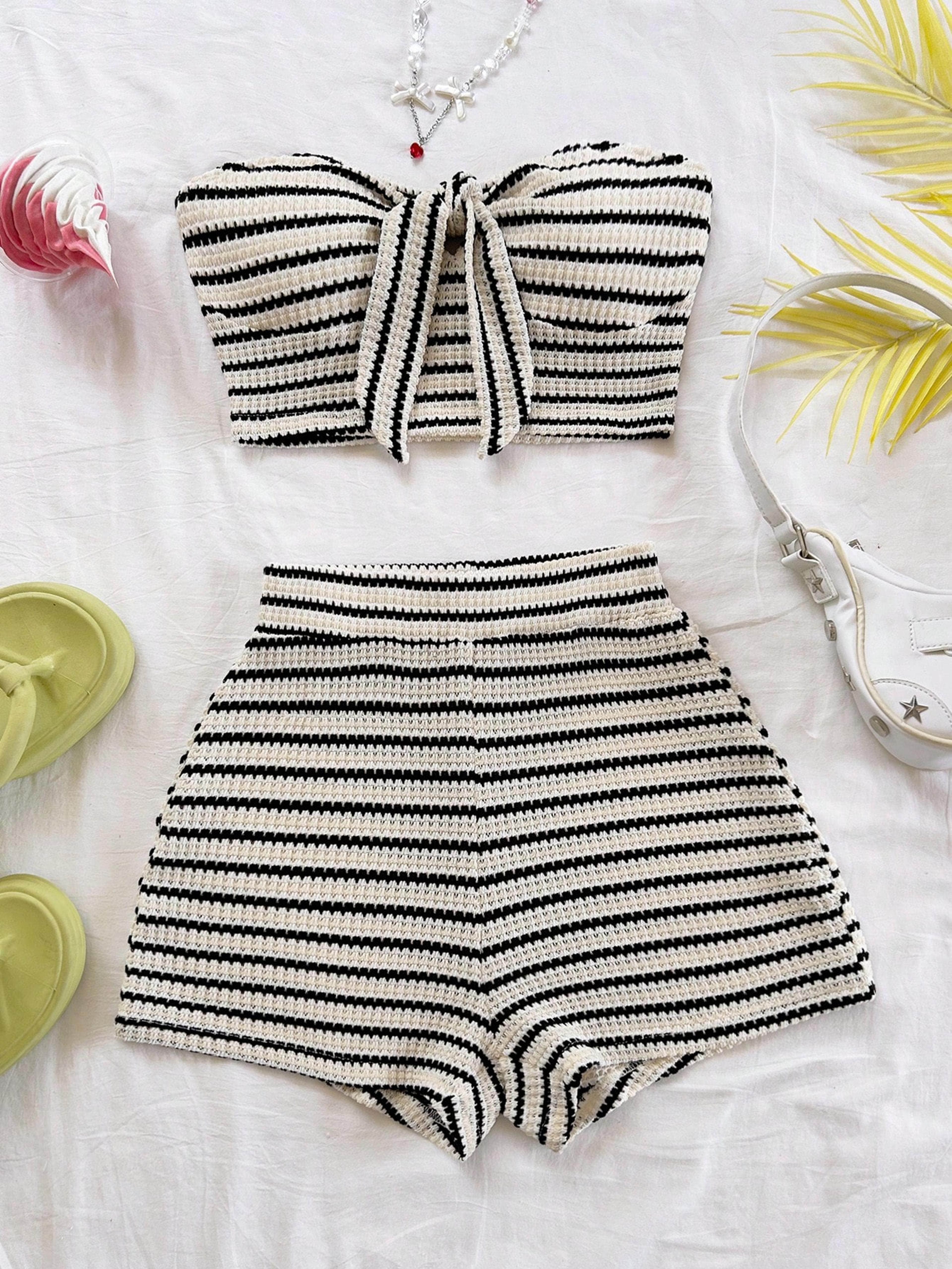 Butterfly Accent Striped Shorts Set For Women Elegant Vacation Outfit Set With High Waisted Shorts 2