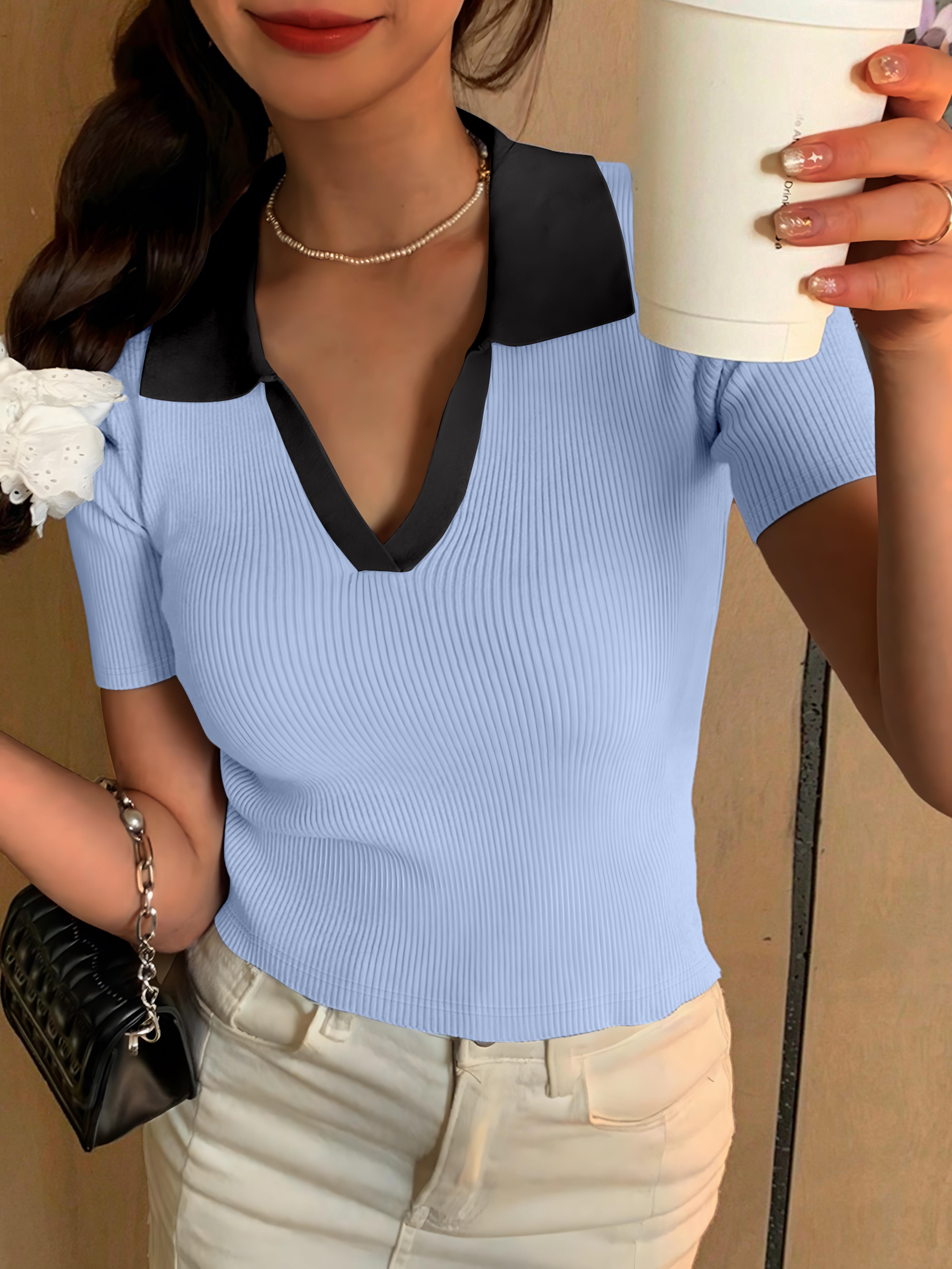 Colorblock Ribbed V Neck Polo Top For Women Casual Summer Shirt 2