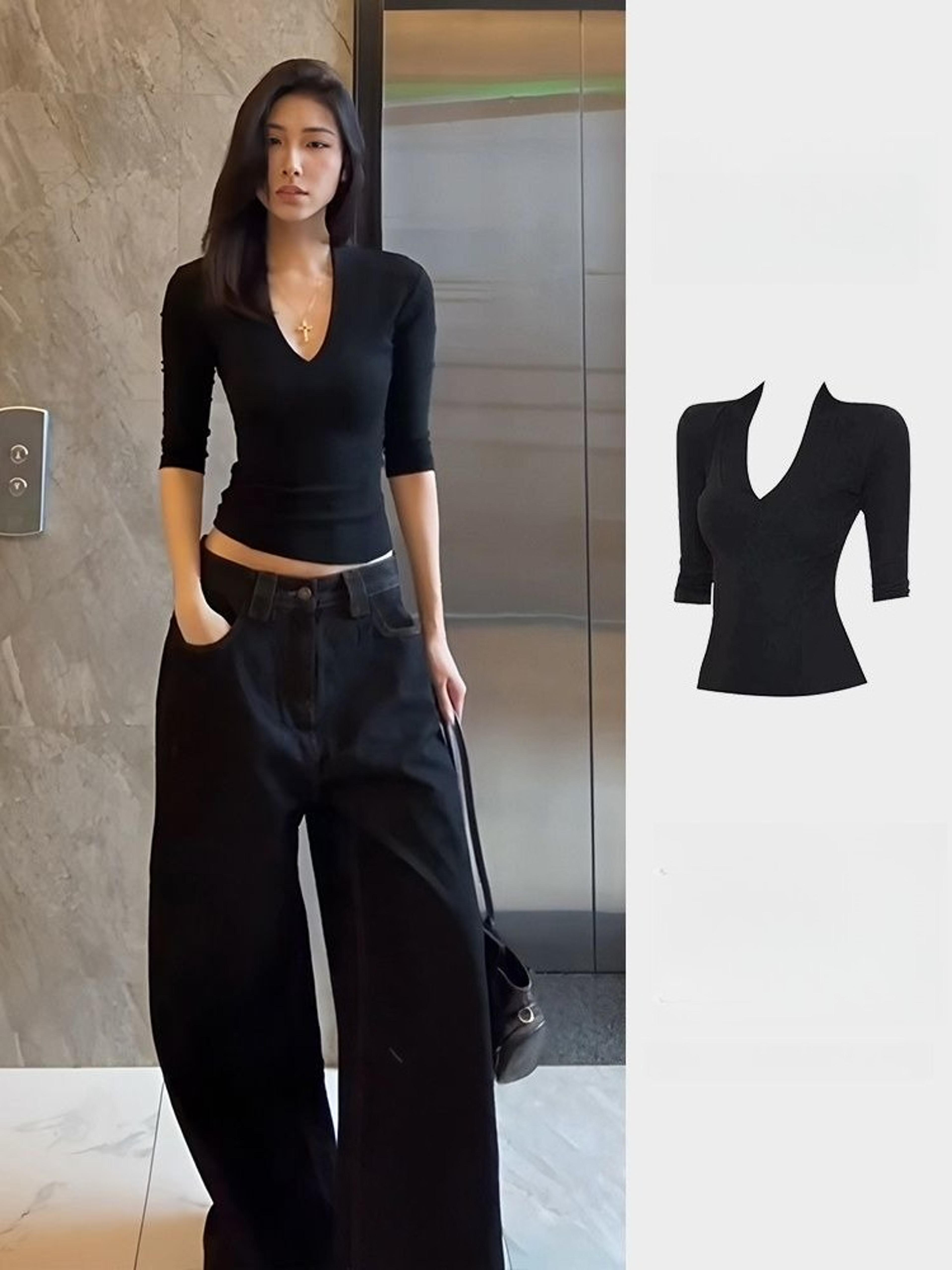 Neck Crop Tee For Women Slim Fit Drop Shoulder Summer Casual Top 1