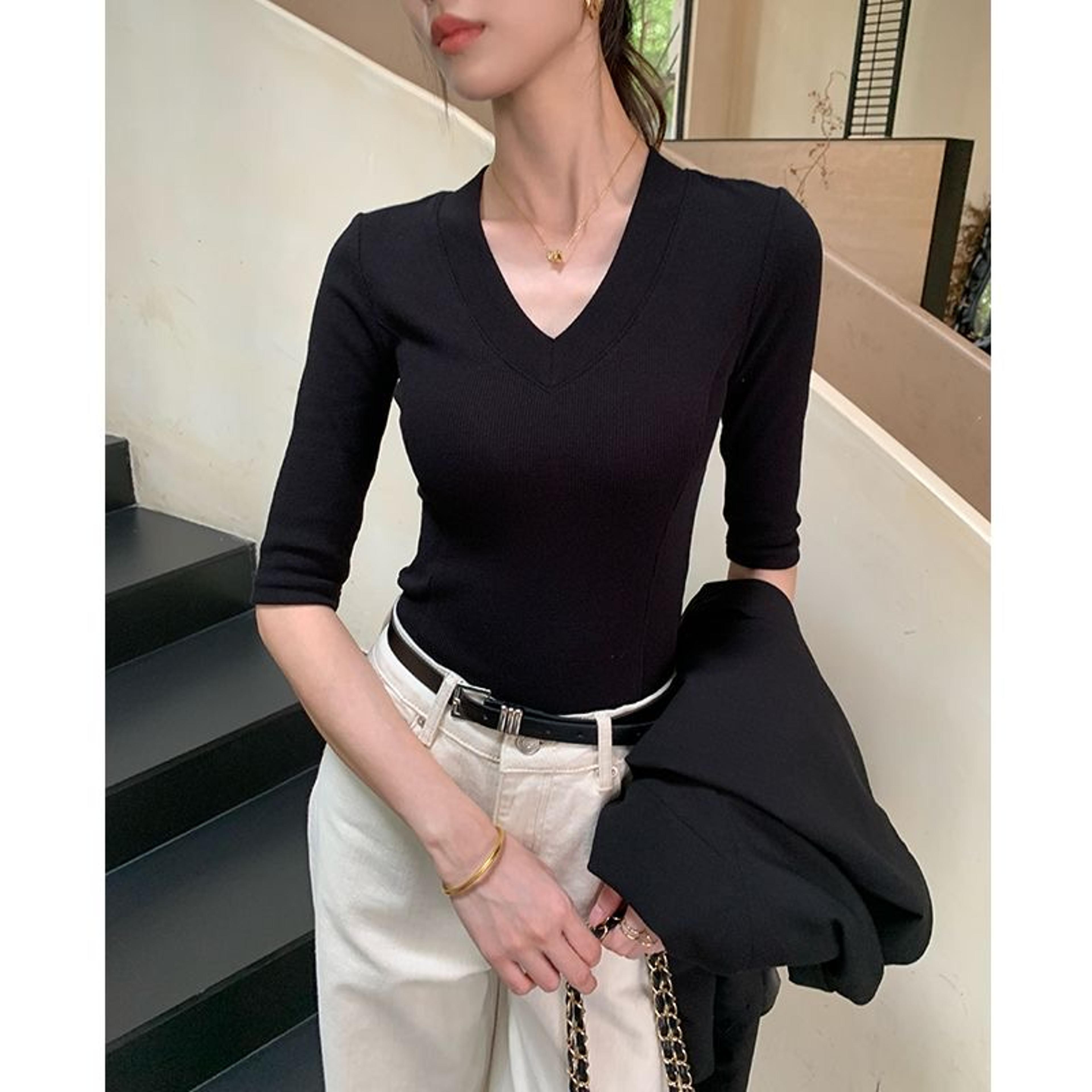 Neck Crop Tee For Women Slim Fit Drop Shoulder Summer Casual Top 2