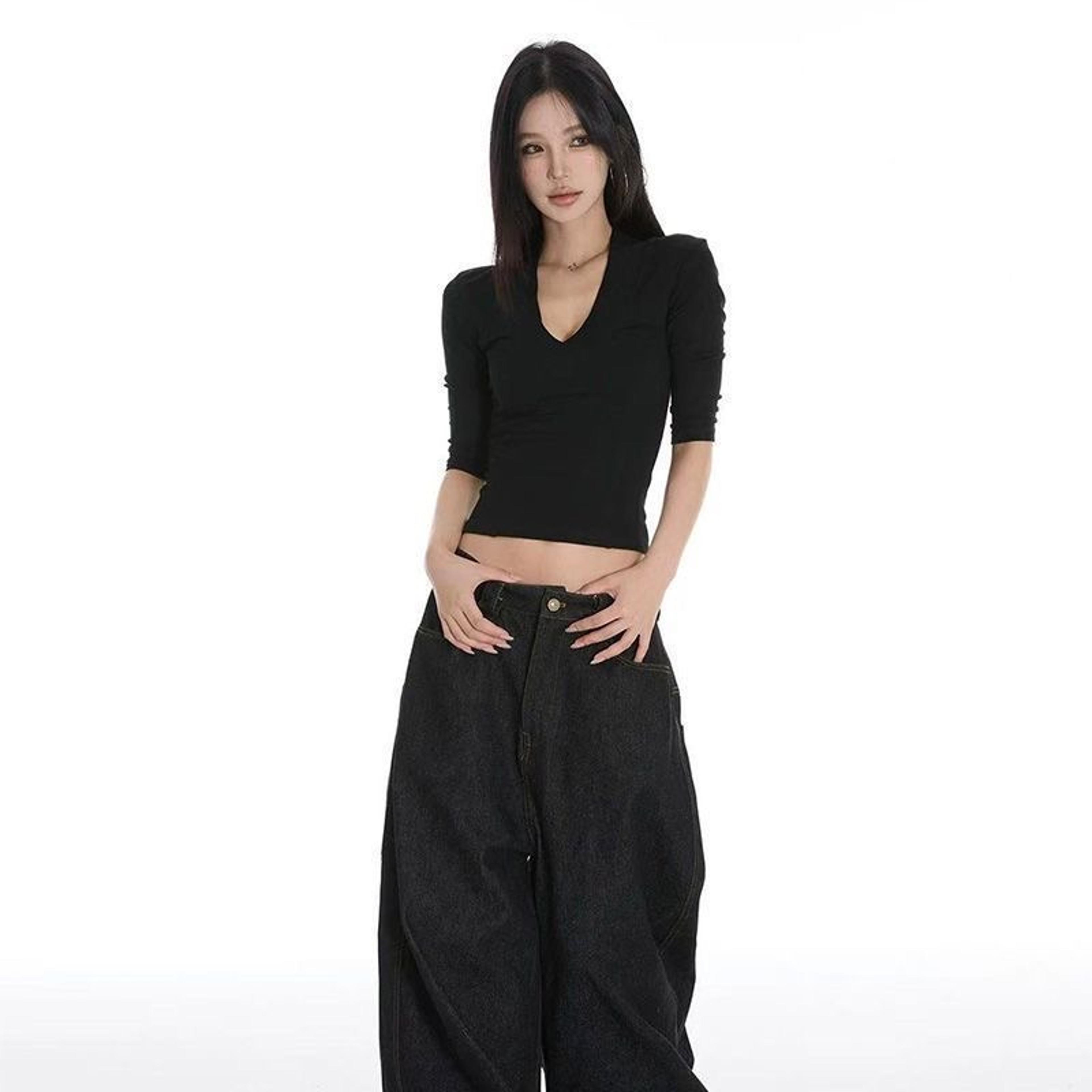 Neck Crop Tee For Women Slim Fit Drop Shoulder Summer Casual Top 4