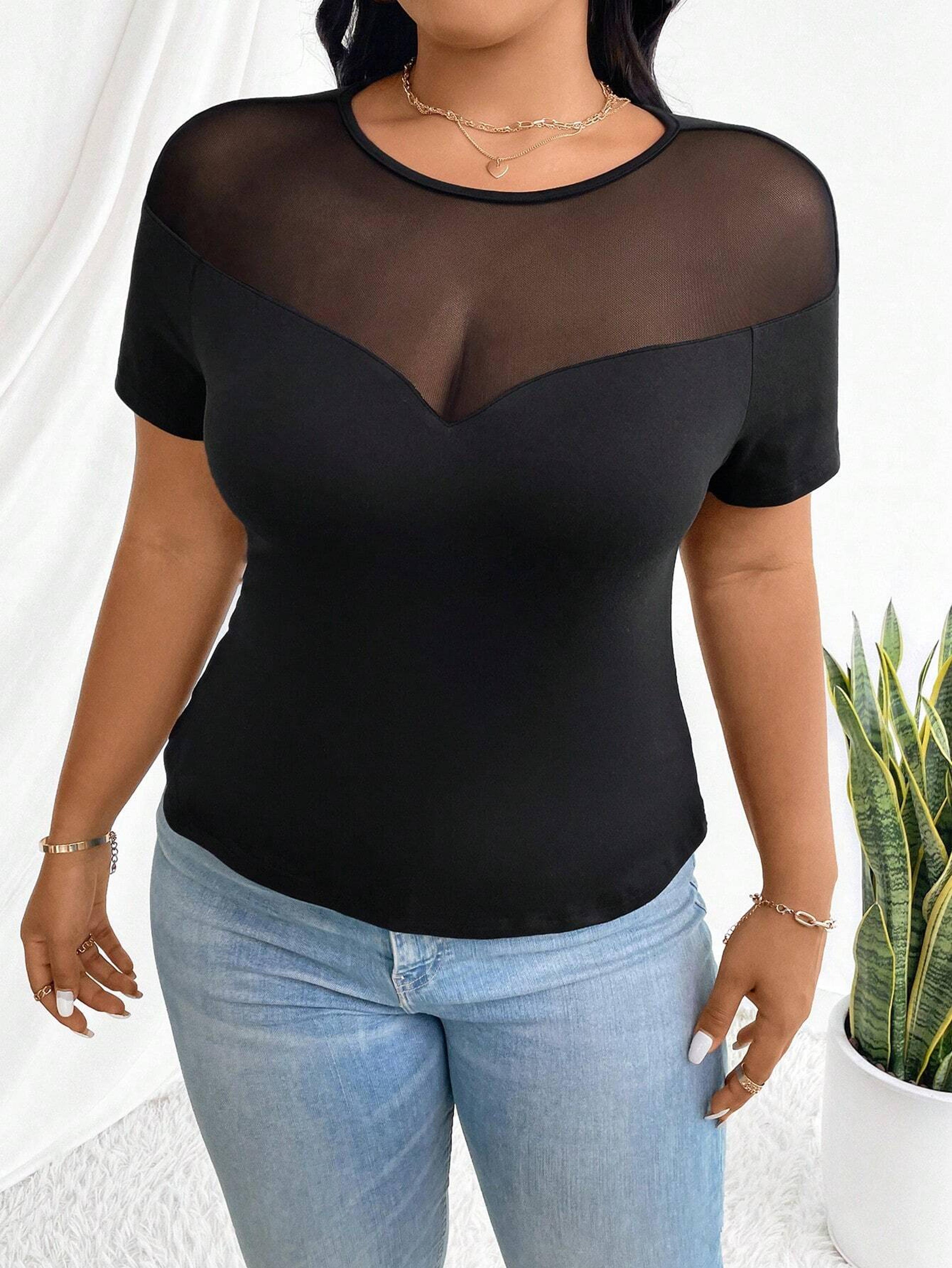 Mesh Sheer Fitted Top For Women Short Sleeve Round Neck Fashion Tee 2