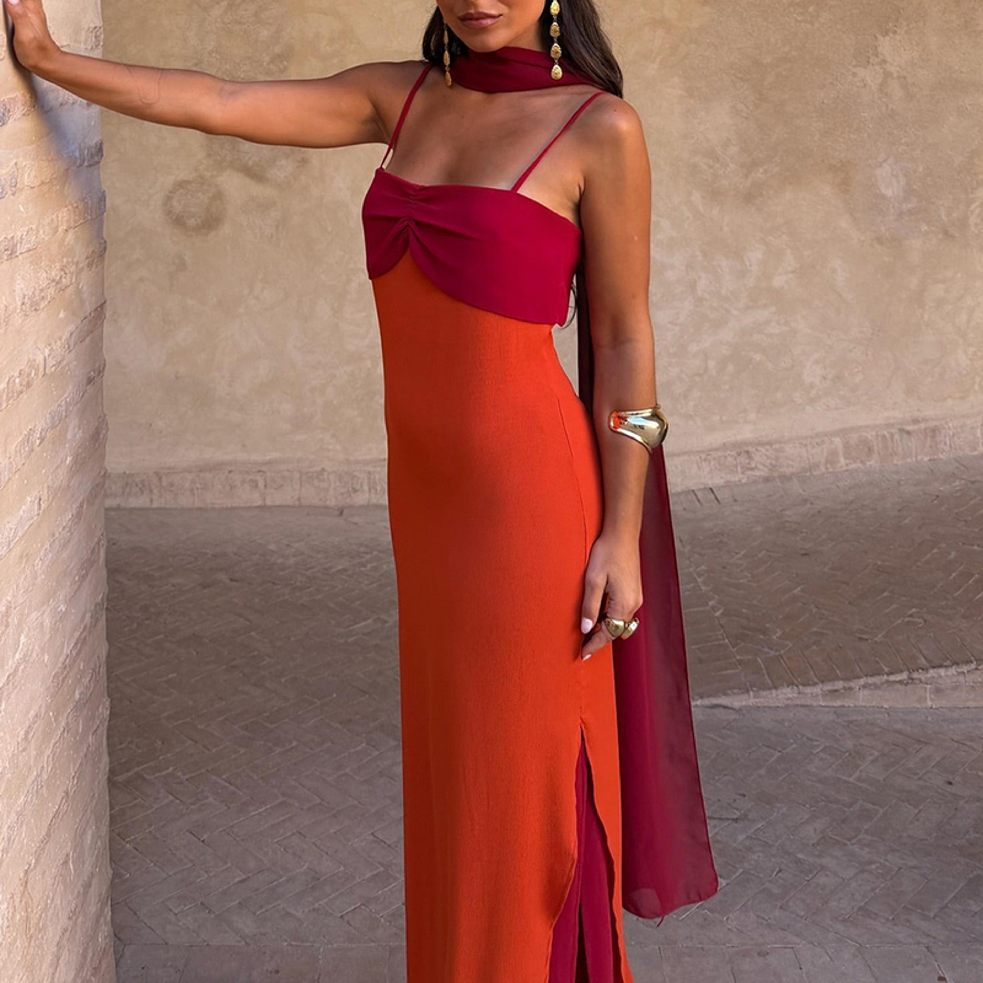 Elegant Color Block Halter Maxi Dress High Waist Hollow Out Vacation Dress For Summer Evenings 2
