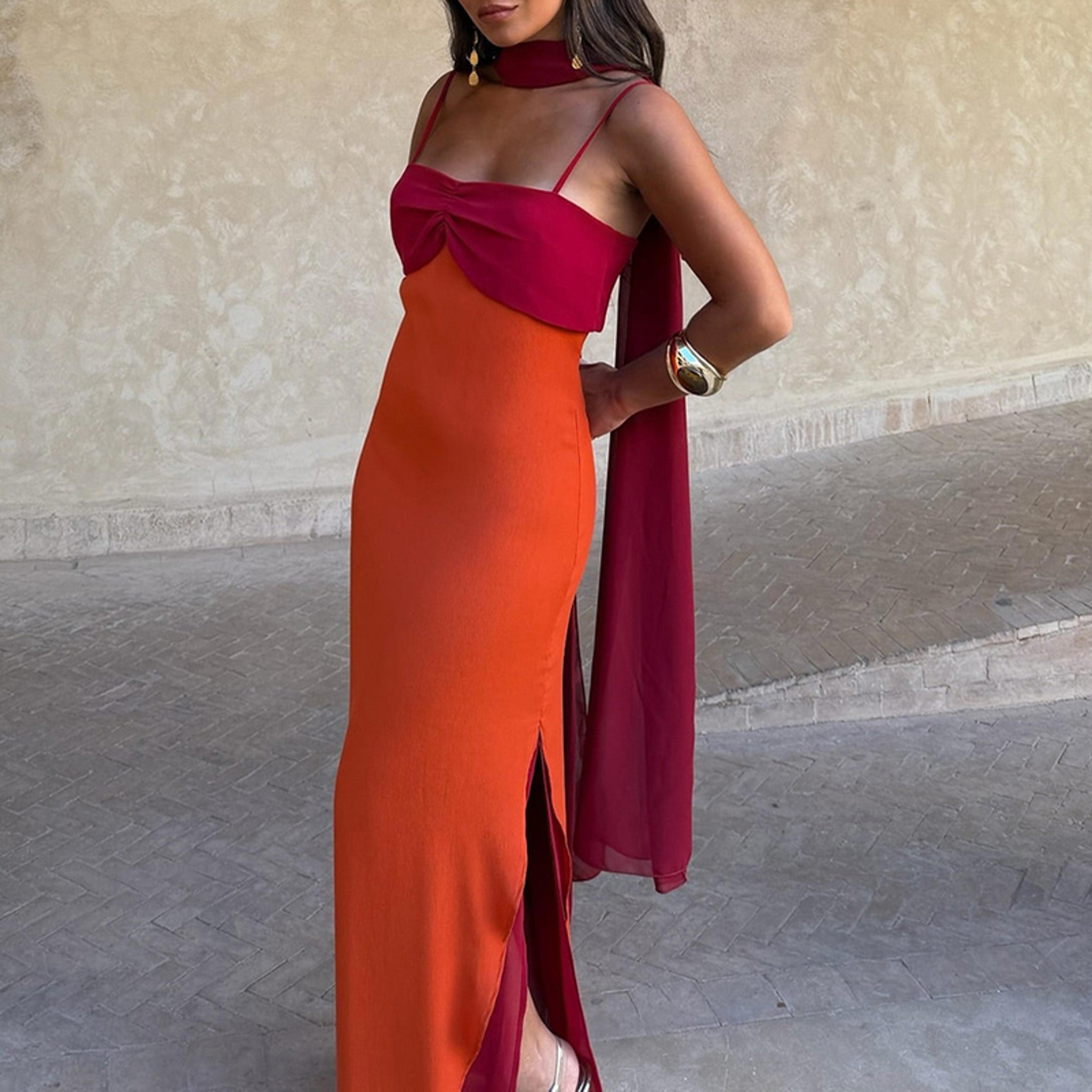 Elegant Color Block Halter Maxi Dress High Waist Hollow Out Vacation Dress For Summer Evenings 3