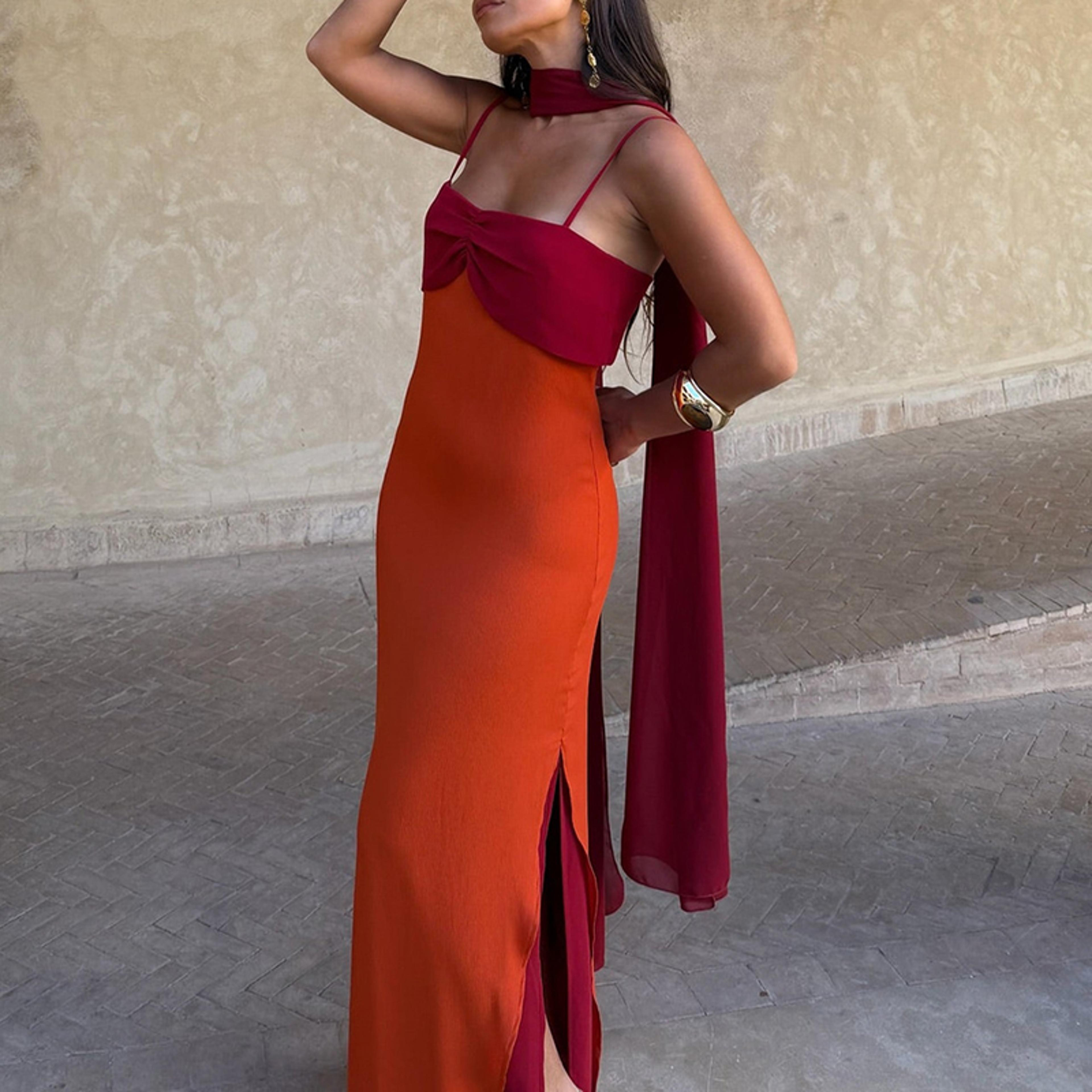 Elegant Color Block Halter Maxi Dress High Waist Hollow Out Vacation Dress For Summer Evenings 5