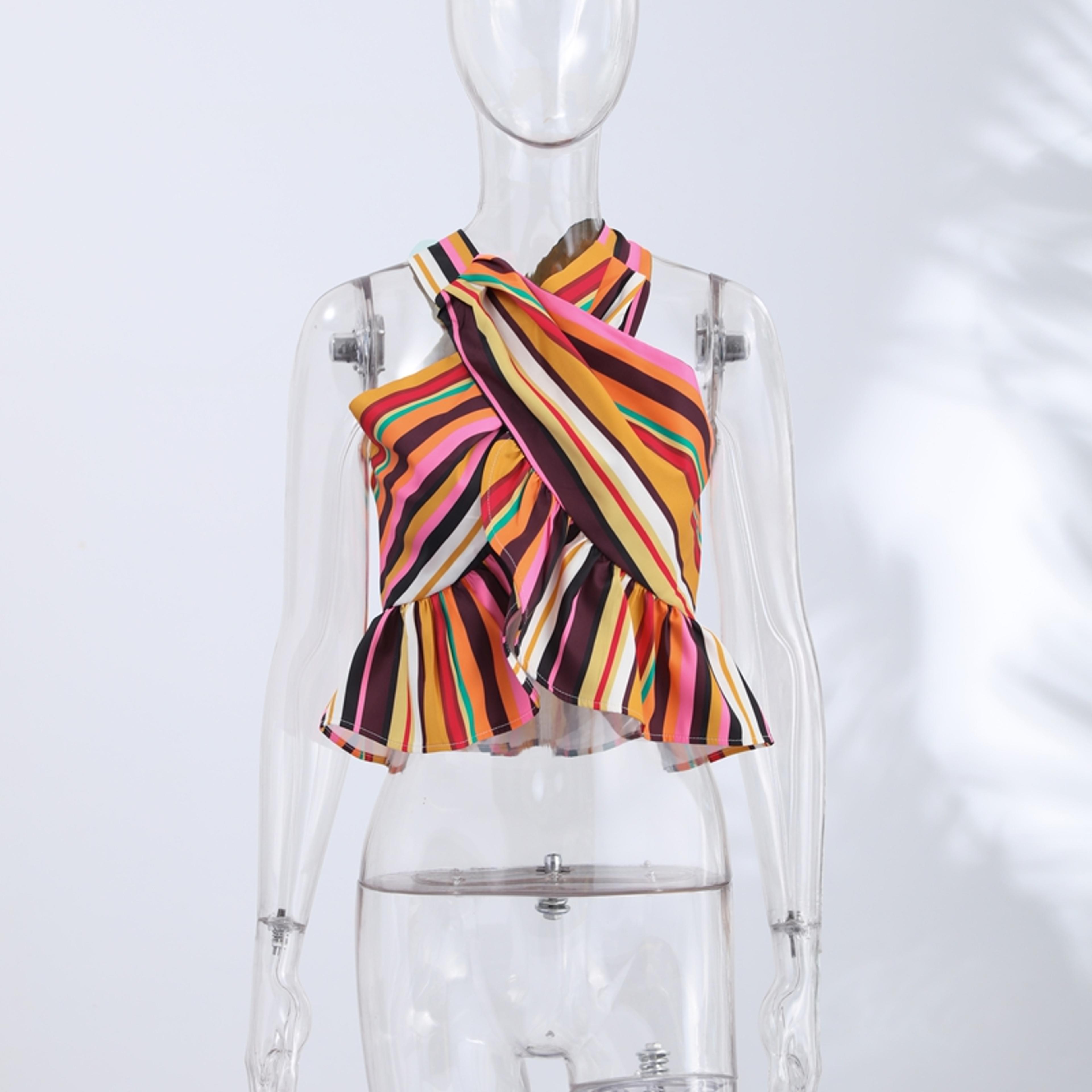 Sunset Breeze Striped Halter Top For Women Backless Summer Beach Tank With Ruffle Hem 1