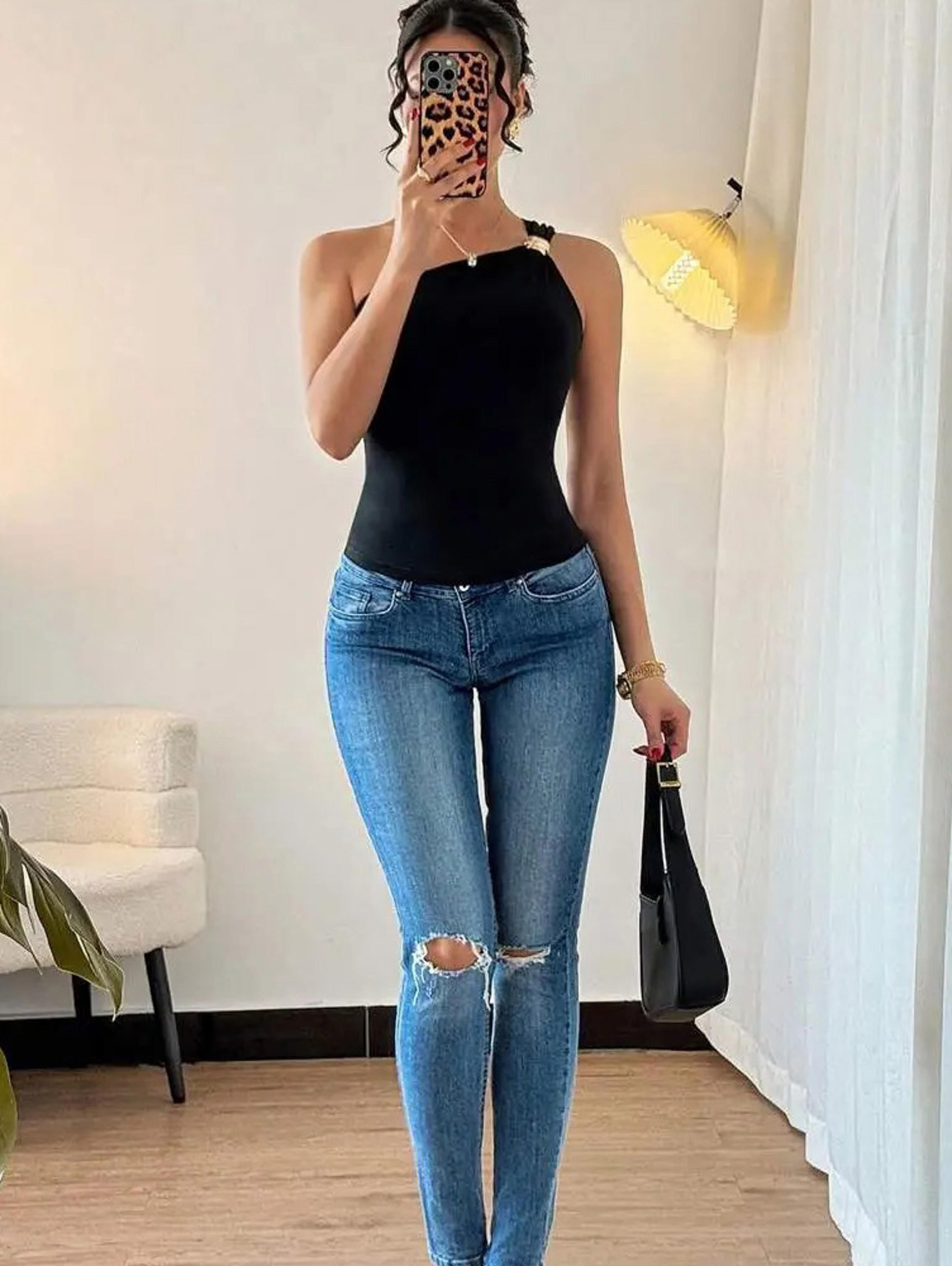 Black One Shoulder Knit Party Top With Gold Accent Slim Fit Evening Blouse 4