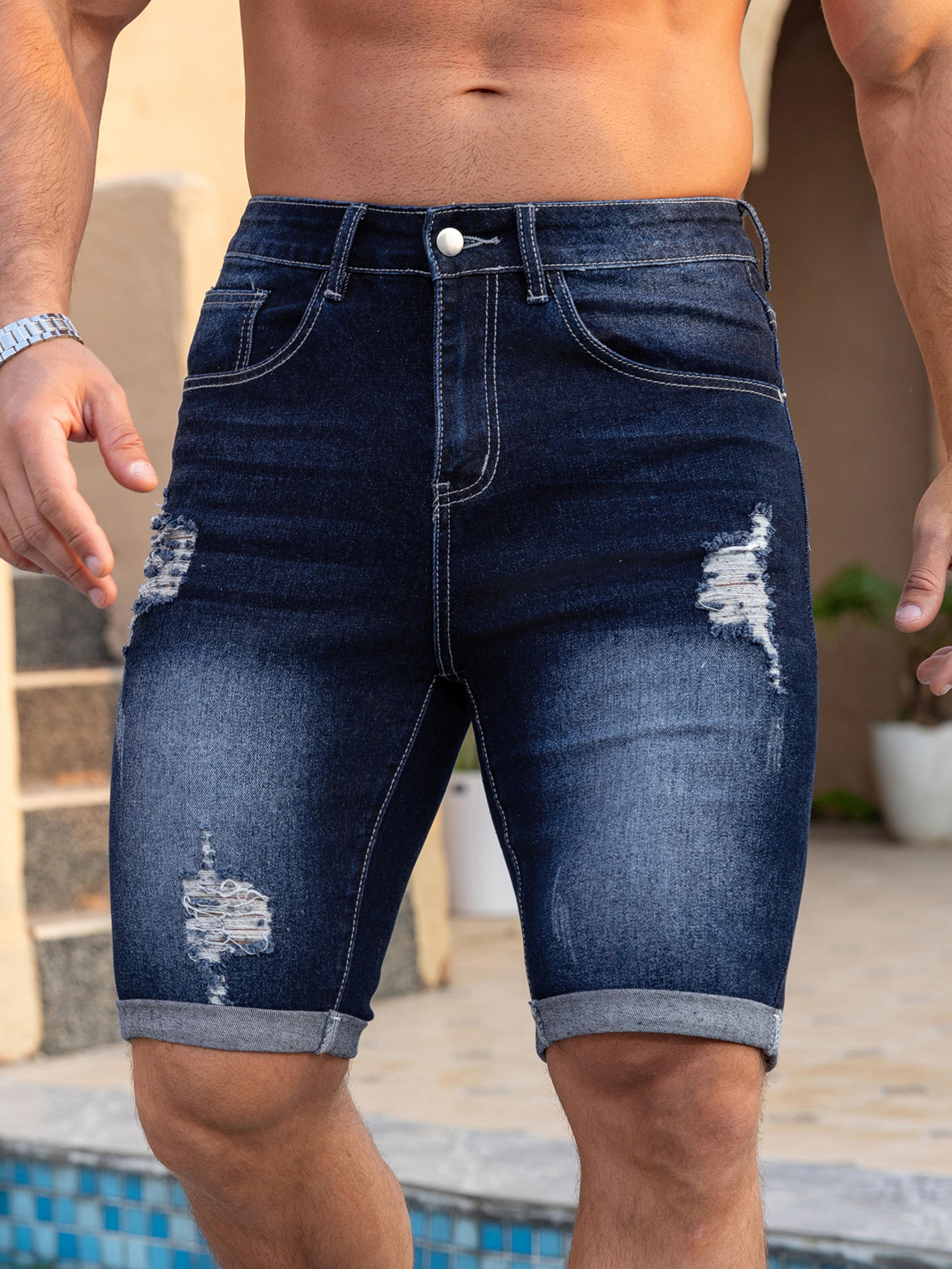 Ripped Slim Fit Denim Shorts For Men Knee Length Stretch Summer Shorts 3