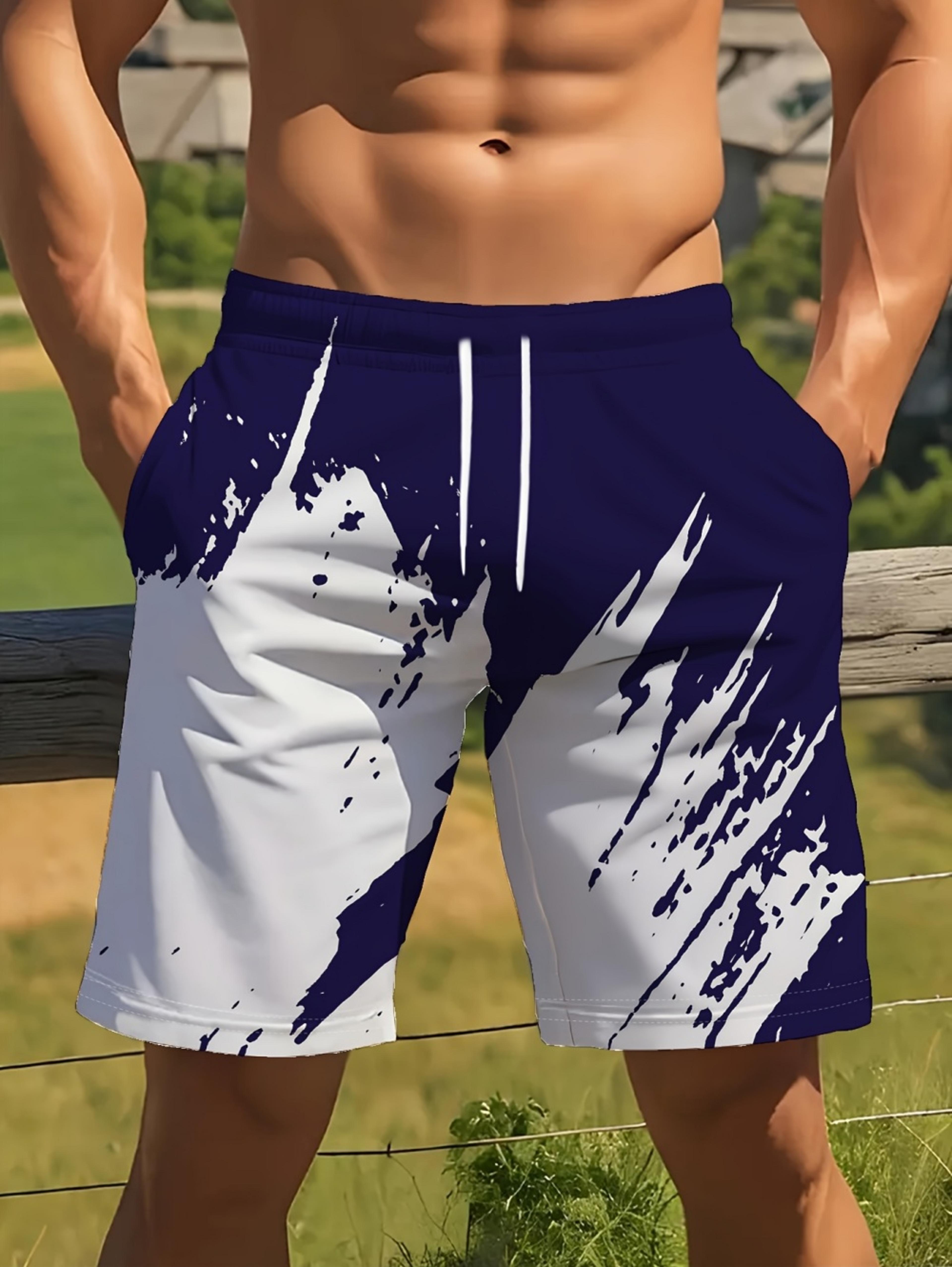 Color Block Print Mens Swim Trunks Quick Dry Drawstring Beach Shorts 3