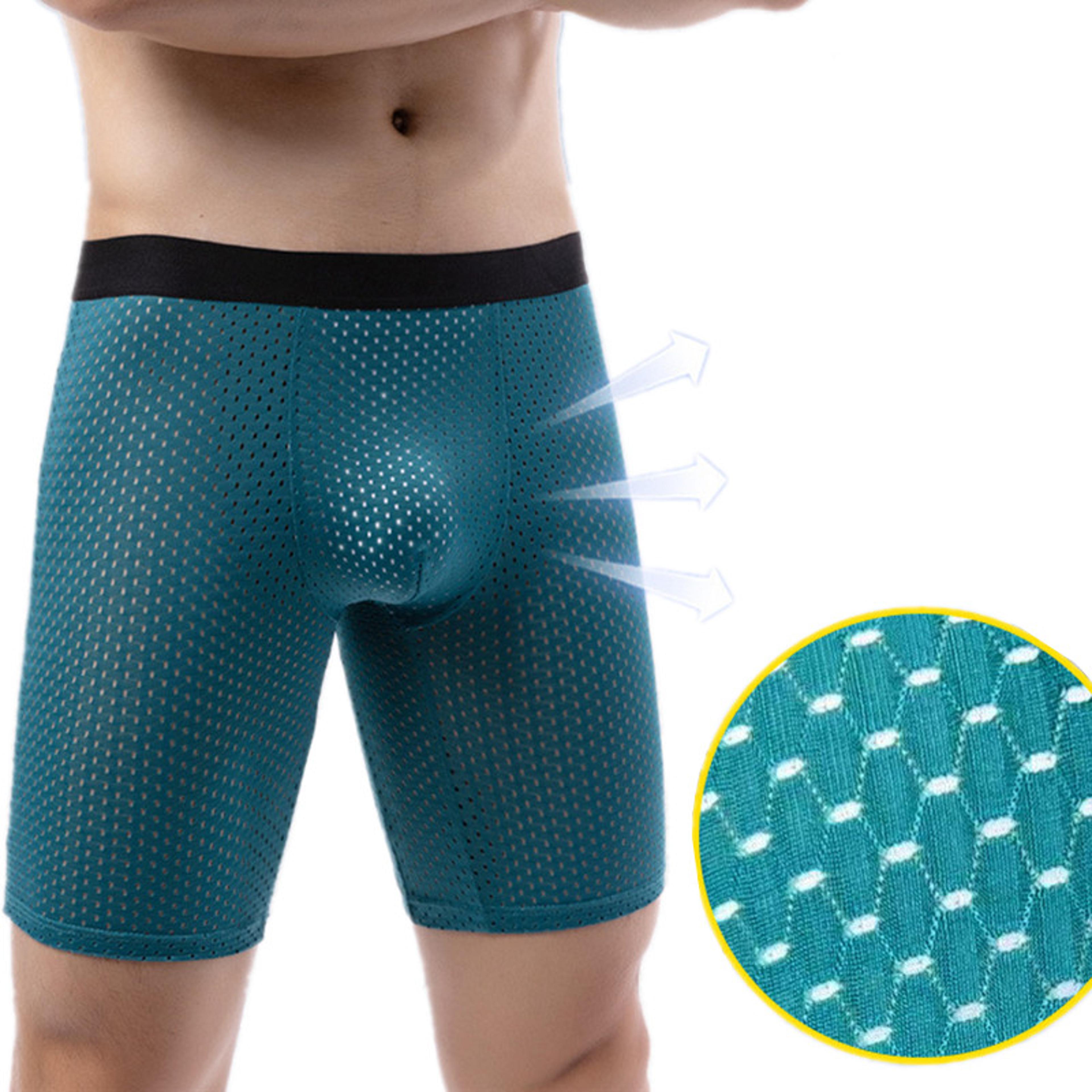 Mens Boxer Briefs Breathable Mesh Ice Silk Underwear With Support Pouch Long Leg Design 1